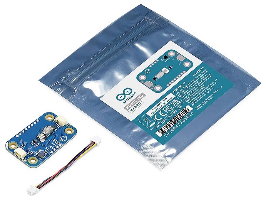 Arduino senzorový balík zobrazujúci malú elektronickú senzorovú dosku vedľa jej označeného obalu a krátkeho prepájacieho kábla.
