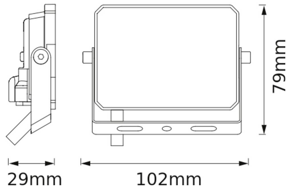 Diagram obdĺžnikového zariadenia s pohľadom z boku a spredu. Rozmery: 29 mm hĺbka, 102 mm šírka, 79 mm výška.