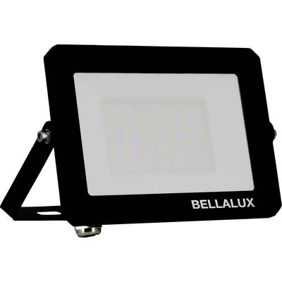 Čierny obdĺžnikový LED reflektor so zamateným krytom a montážnou konzolou, označený "BELLALUX".