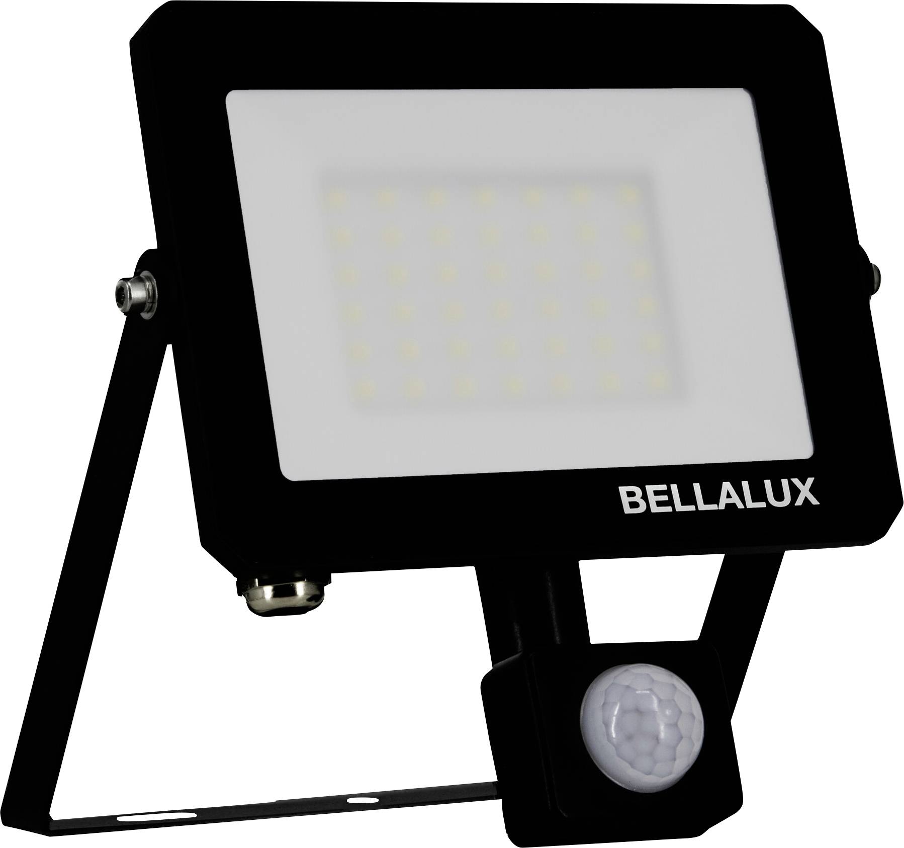 Vonkajší reflektor s čidlom pohybu pod LED panelom, zobrazený v uhle, s názvom značky 'BELLALUX' na kryte.