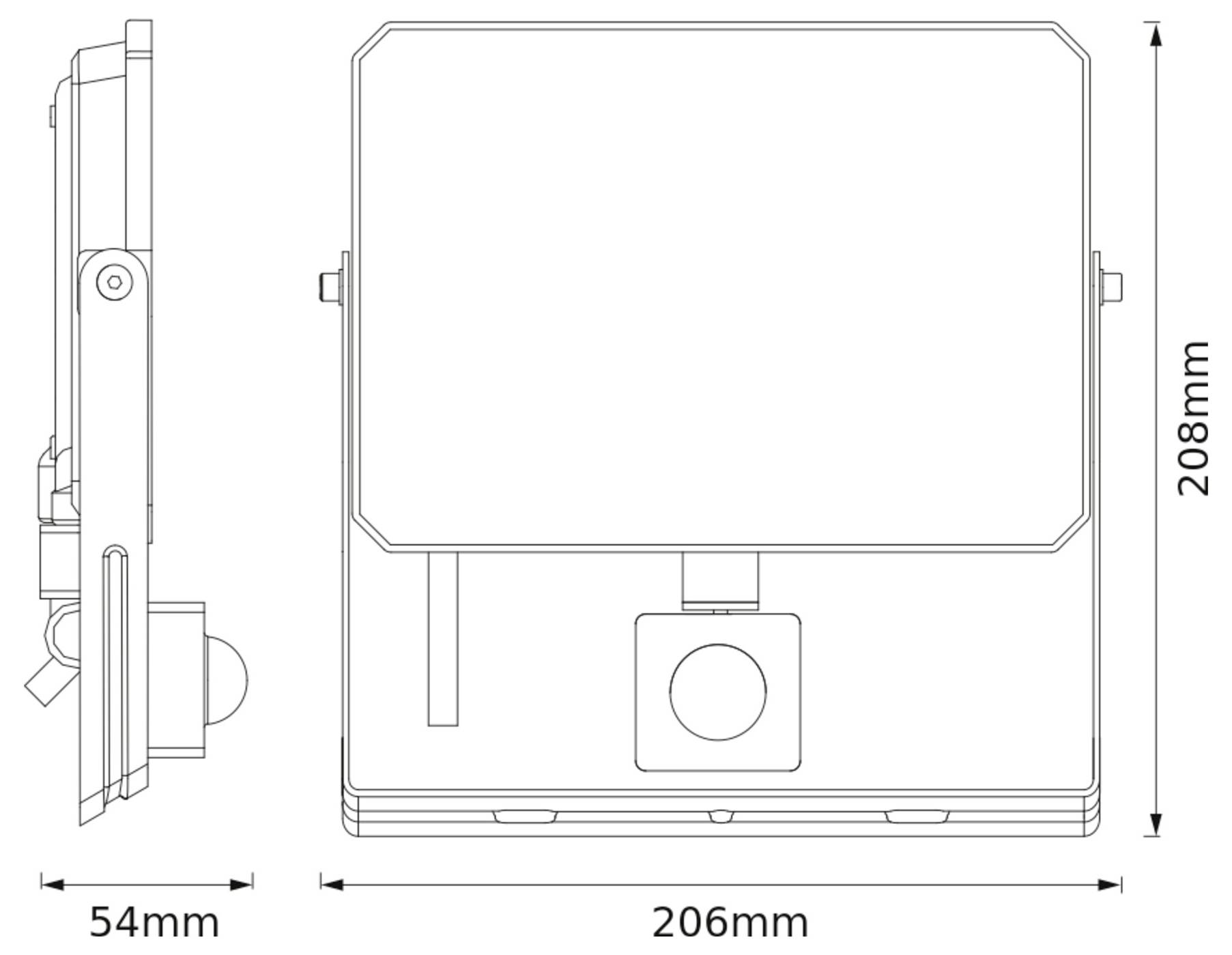 Technický výkres obdĺžnikového zariadenia s rozmermi: šírka 54 mm, výška 208 mm, hĺbka 206 mm. Zobrazené bočné a čelné pohľady.