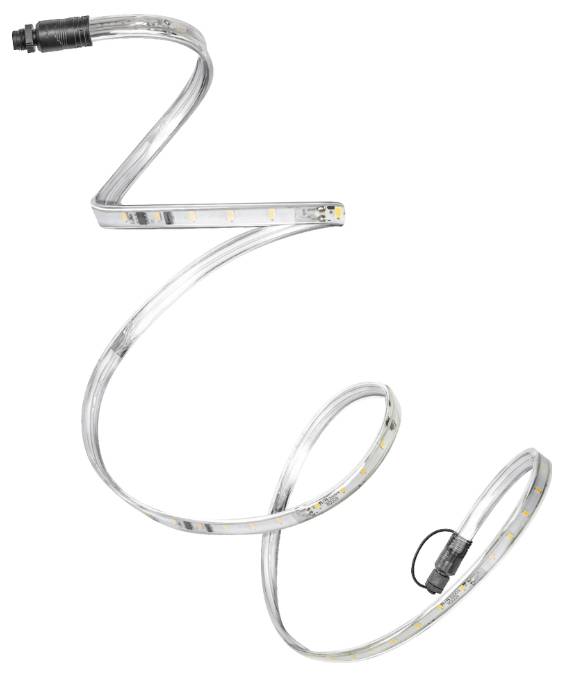 Skrútená páska LED svetla s viditeľnými žiarovkami a čiernymi konektormi na oboch koncoch, ktorá ukazuje jej flexibilitu a dizajn na všestranné osvetlenie.