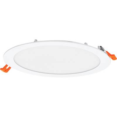Okrúhle biele stropné LED svietidlo s oranžovými bočnými úchytmi určené na zapustenie do stropu.