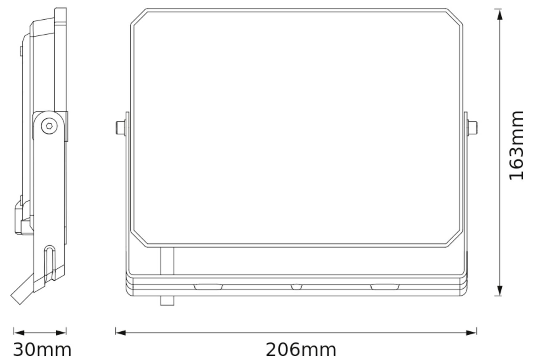 Technický výkres obdĺžnikového zariadenia. Rozmery: výška 163 mm, šírka 206 mm, hĺbka 30 mm. Bokorys a čelný pohľad.
