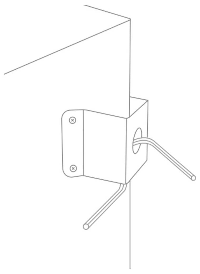 Diagram zavesného držiaka na stenu so dvoma háčikmi, ktoré sa tiahnu horizontálne, navrhnutý na bezpečné podopretie alebo zavesenie predmetov.