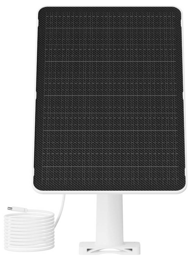 Čierny solárny panel s bielym stojanom a stočeným nabíjacím káblom, určený na nabíjanie elektronických zariadení pomocou slnečnej energie.