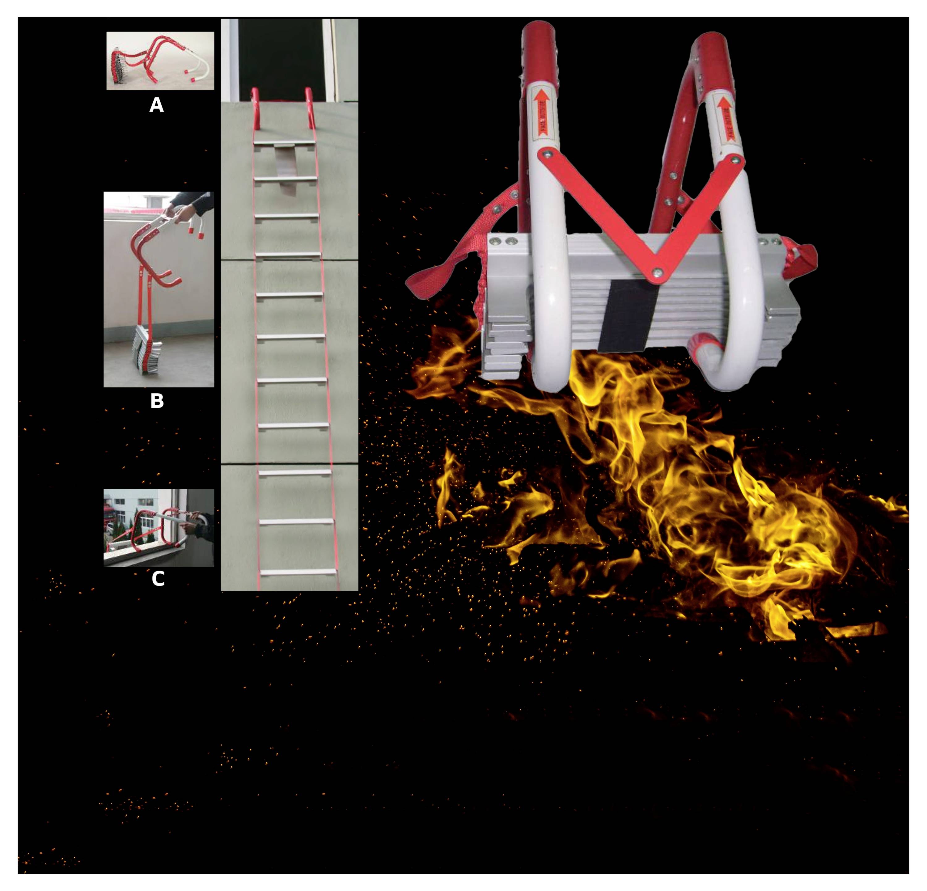 Demonštrácia požiarneho evakuačného rebríka: A: háčiky zachytené za okno. B: rebrík roztiahnutý po stene. C: sťahovací mechanizmus rebríka. Plamene v pozadí.