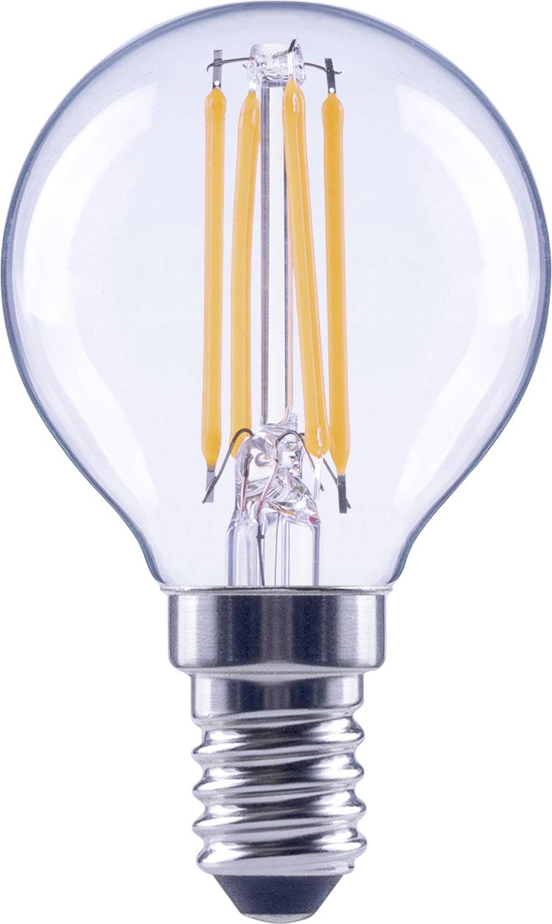 Číra LED žiarovka s viditeľnými vláknitkami, umiestnená na jednofarebnom pozadí.