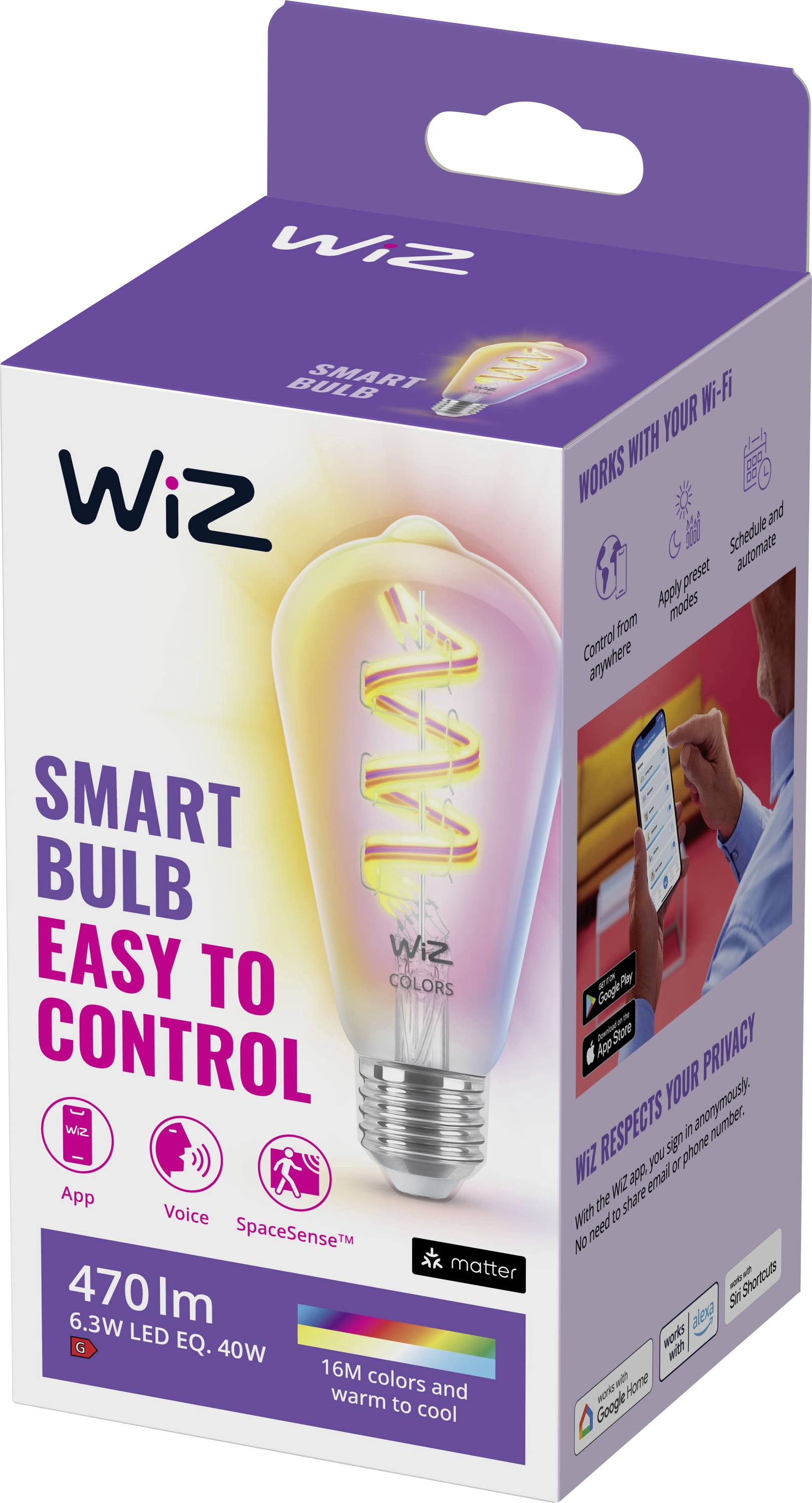 Múdra žiarovka s balením: 'Wiz Smart Bulb - Jednoduché ovládanie'<br>s aplikáciou, hlasovým ovládaním a funkciou SpaceSense<br>470 lúmenov, 16 miliónov farieb