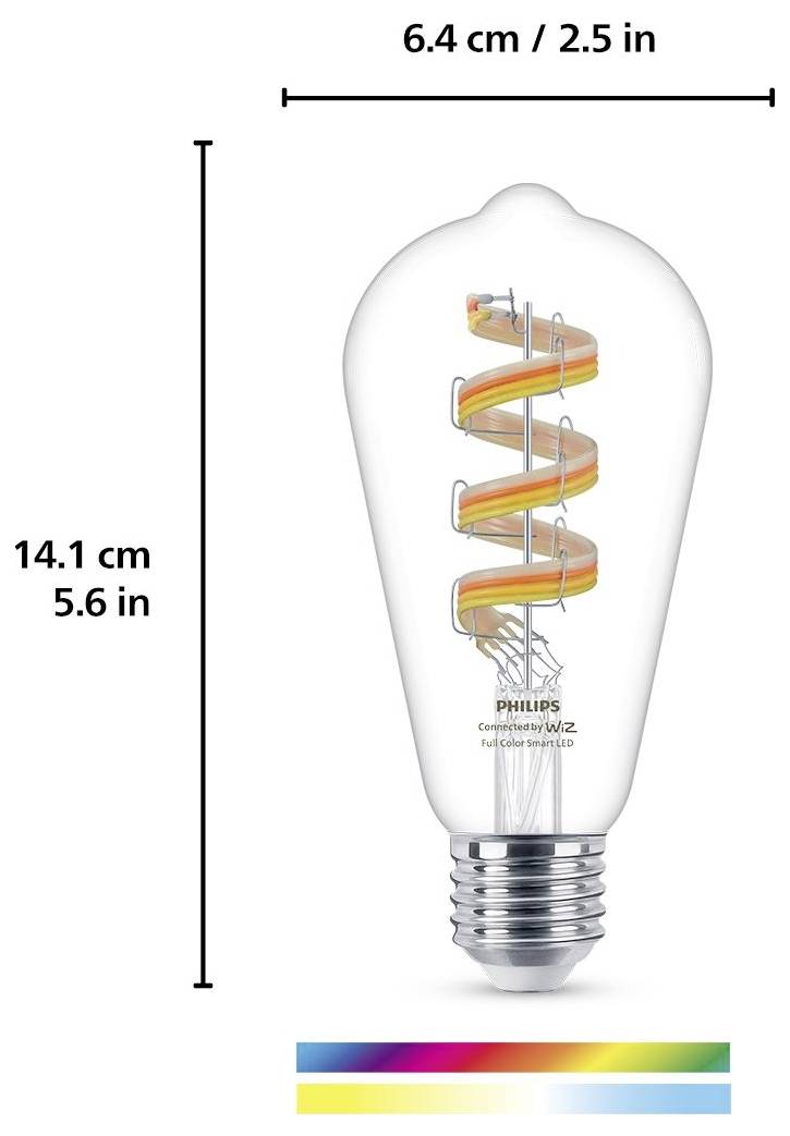 Jasná žiarovka so špirálovým vláknom, vysoká 14,1 cm a široká 6,4 cm. Zobrazená s farebnným spektrom nižšie.
