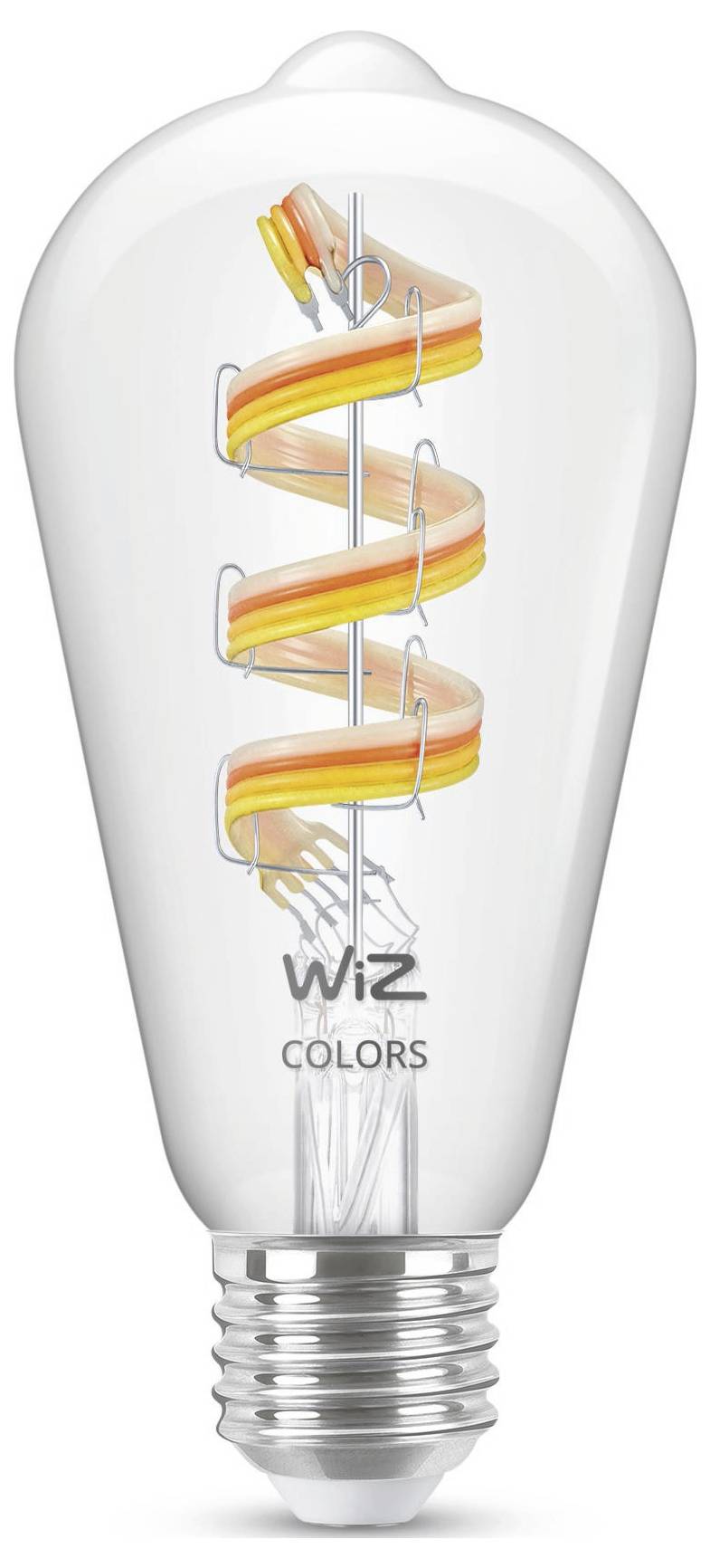 Žiarovka so špirálovým LED svetelným zdrojom vyžarujúca oranžové a žlté odtiene, označená značkou "WiZ COLORS" na spodnej časti.