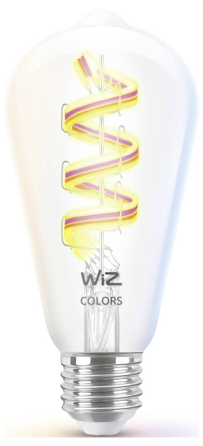 Detailný záber inteligentnej žiarovky Wiz Colors s viditeľným skrúteným vláknom, ktorá vyžaruje jemné viacfarebné svetlo na bielom pozadí.