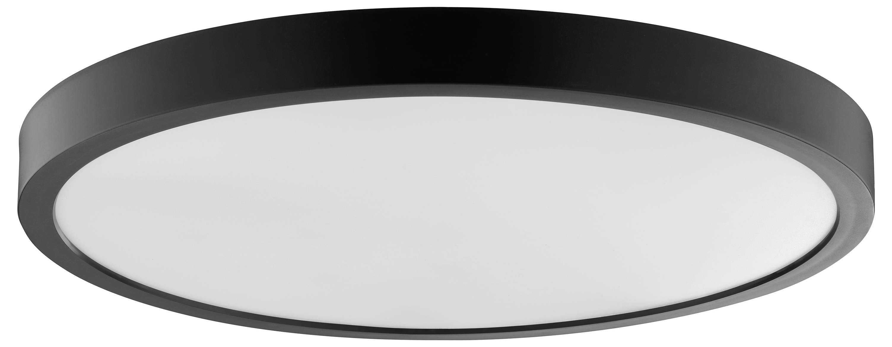 Okrúhle stropné svietidlo s čiernym lemom a bielou difúznou plochou, navrhnuté na poskytovanie rovnomerného osvetlenia.