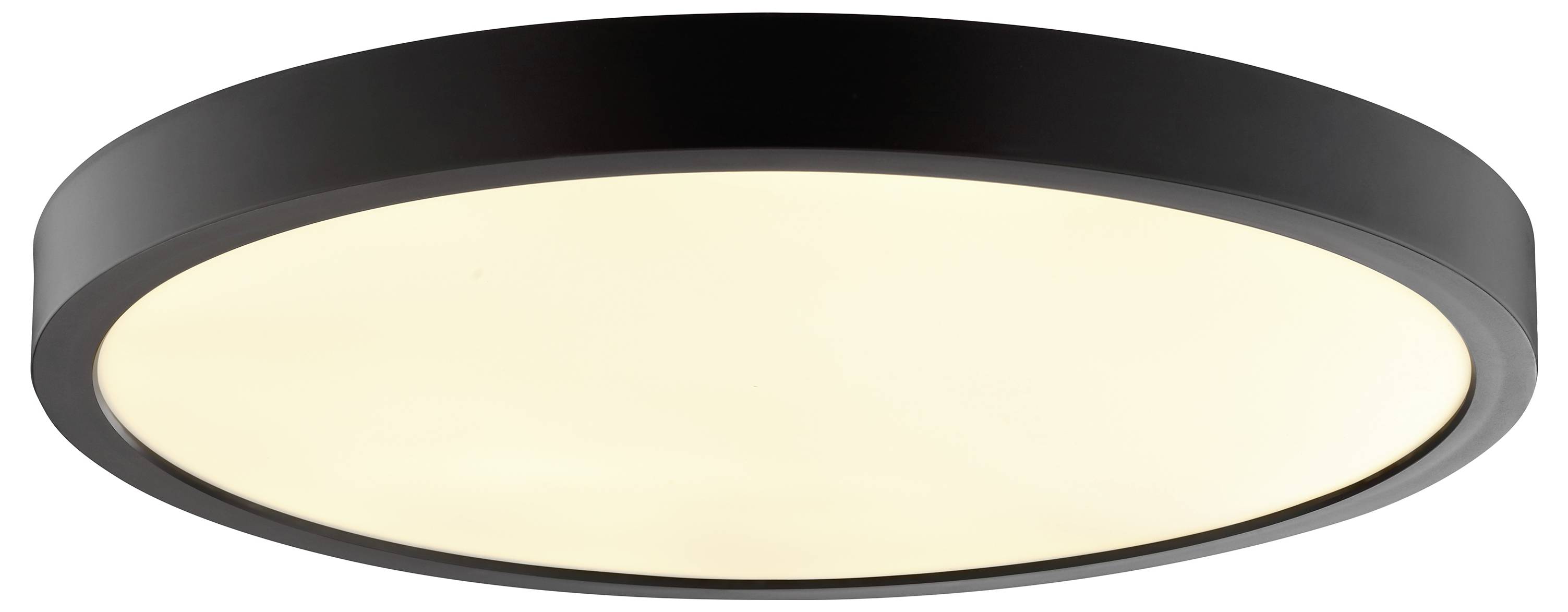 Okrúhle svietidlo montované na strope s čiernym rámom a bielym difúzorom, ktoré poskytuje rovnomerné osvetlenie.