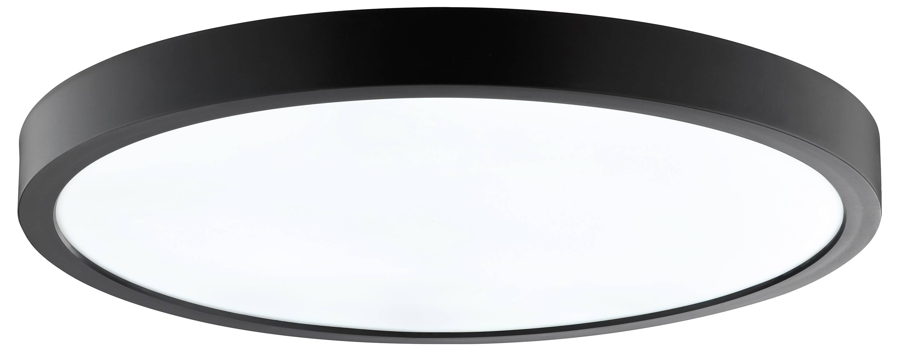 Okrúhle stropné svetlo s čiernym rámom a bielym, rozptýleným povrchom, vhodné do moderných interiérov.