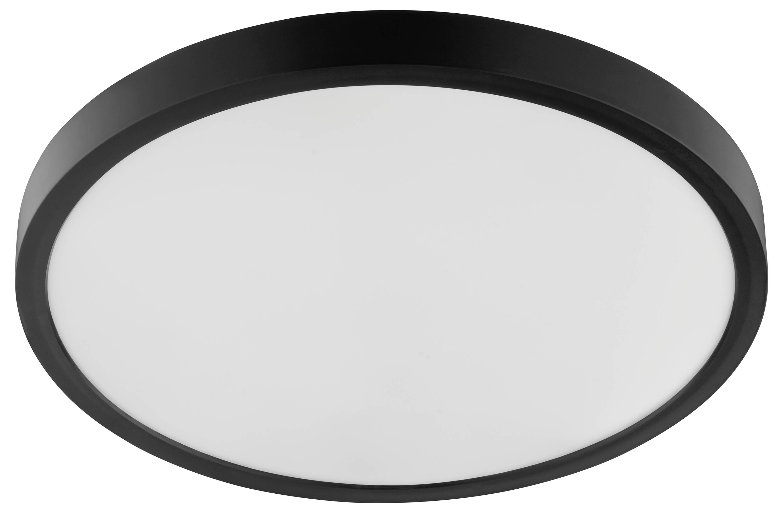 Okrúhle stropné svetlo s čiernym rámom a bielym difúzorom, navrhnuté pre moderné vnútorné osvetlenie.