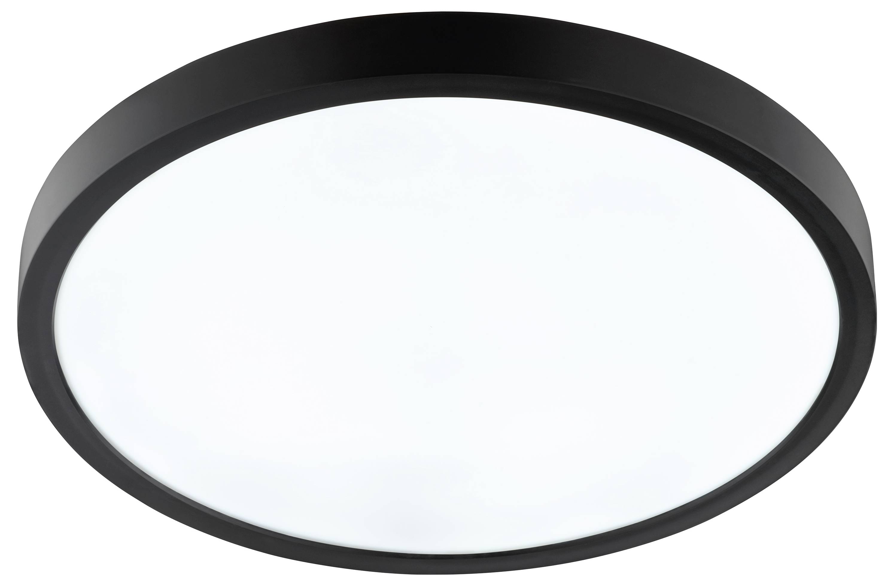Moderné stropné svetlo s čiernym okrajom v kruhovom tvare so stredovou mliečnou sklenenou výplňou.