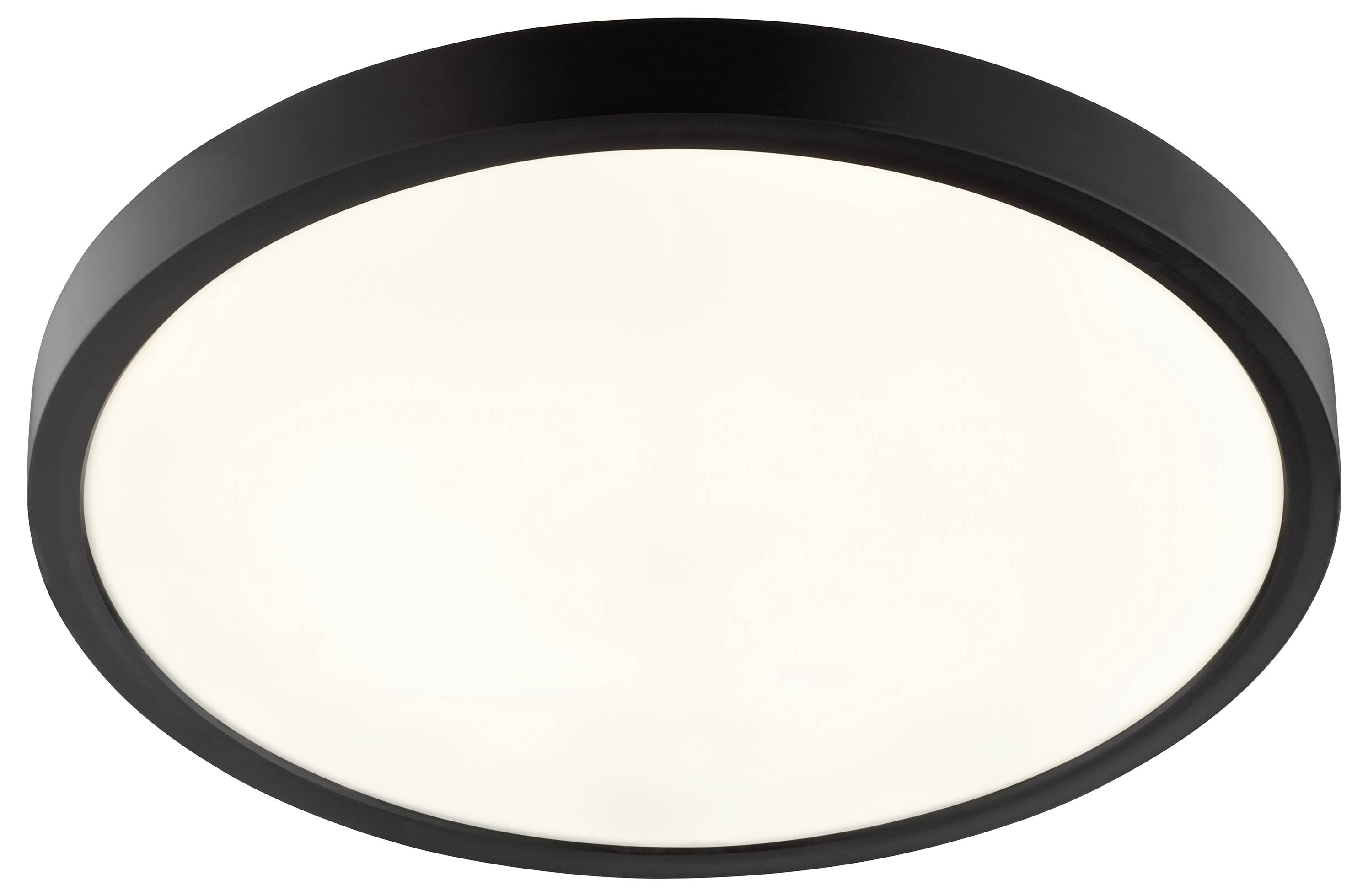 Guľaté stropné svetlo s čiernym rámom, ktoré vyžaruje jasné, rozptýlené biele svetlo.