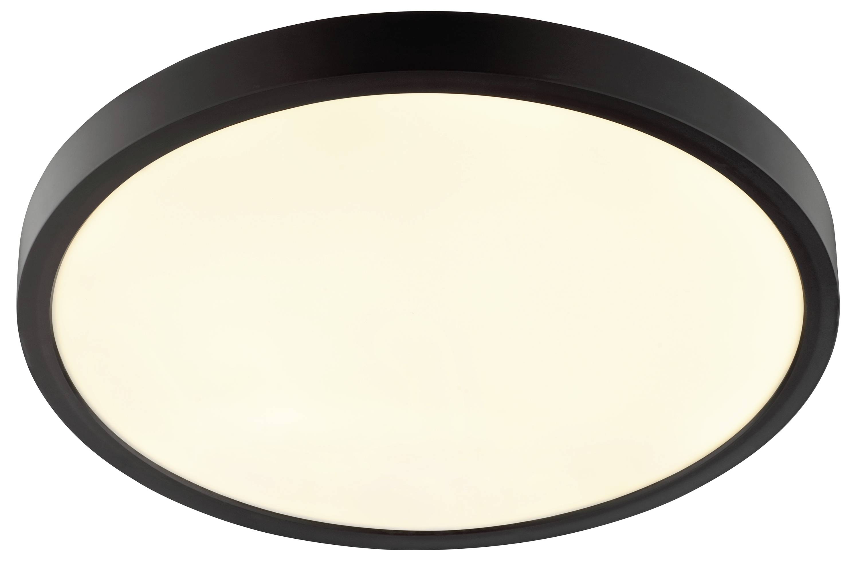 Okrúhle, moderné stropné svetlo s čiernym rámom a jemným, rozptýleným svitom, navrhnuté pre interiérové osvetlenie.