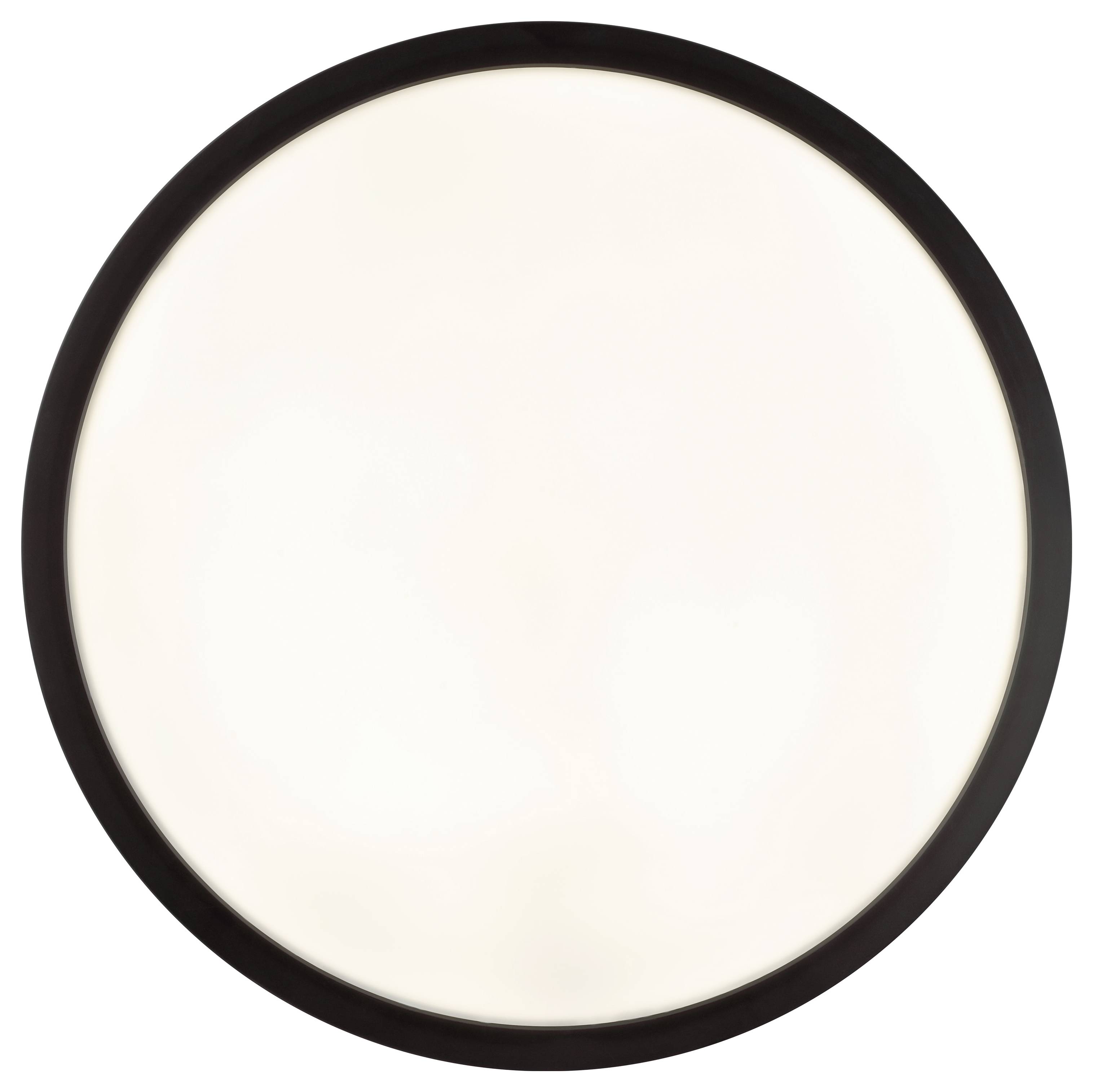 Okrúhle, biele stropné svetlo s čiernym lemom je zobrazené, pričom vyžaruje jemné, rovnomerné svetlo.