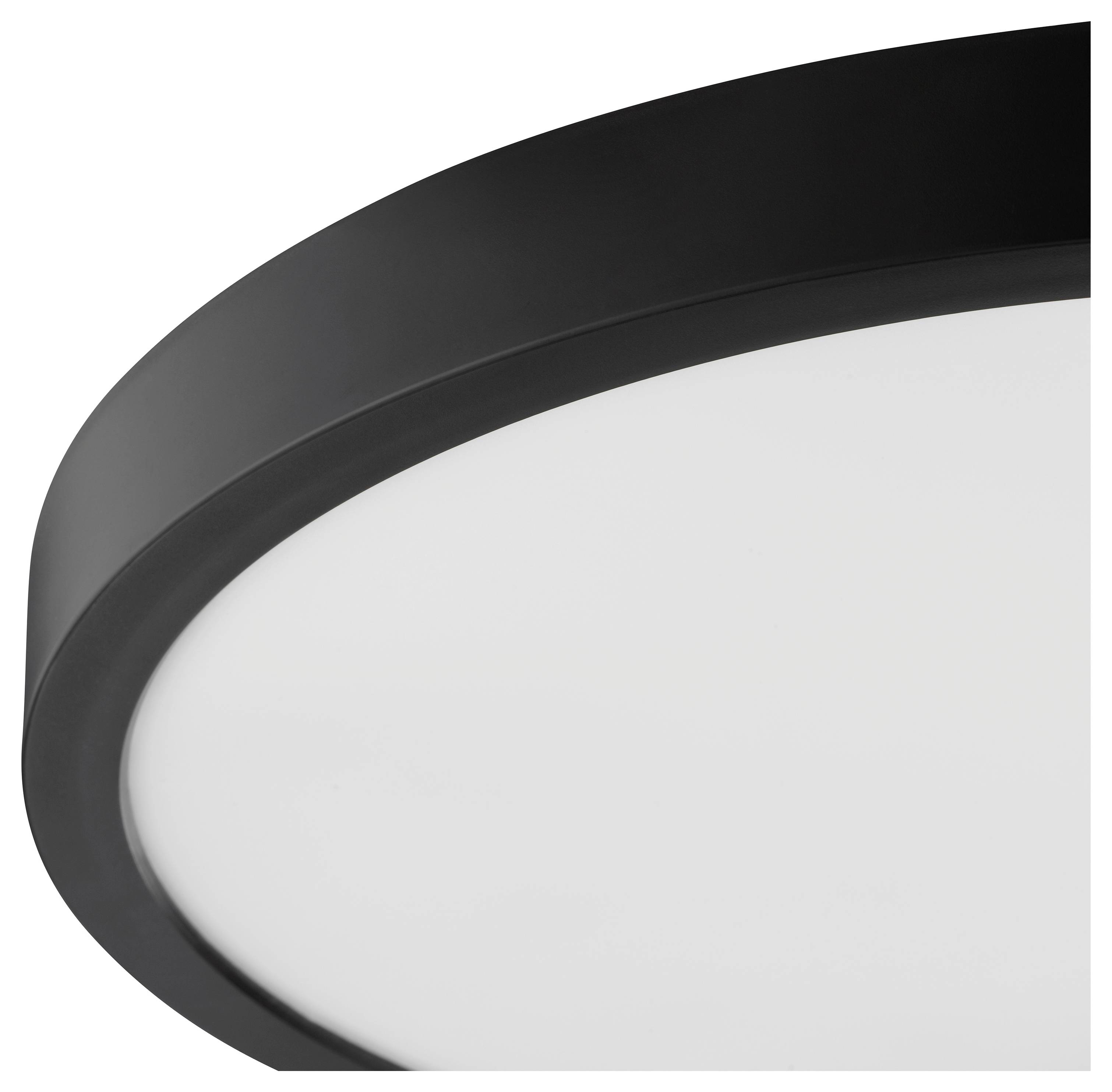 Detailný záber minimalisticky navrhnutého stropného svietidla v modernom štýle, s kruhovým tvarom, čiernym obvodovým lemom a bielym difúzorom.