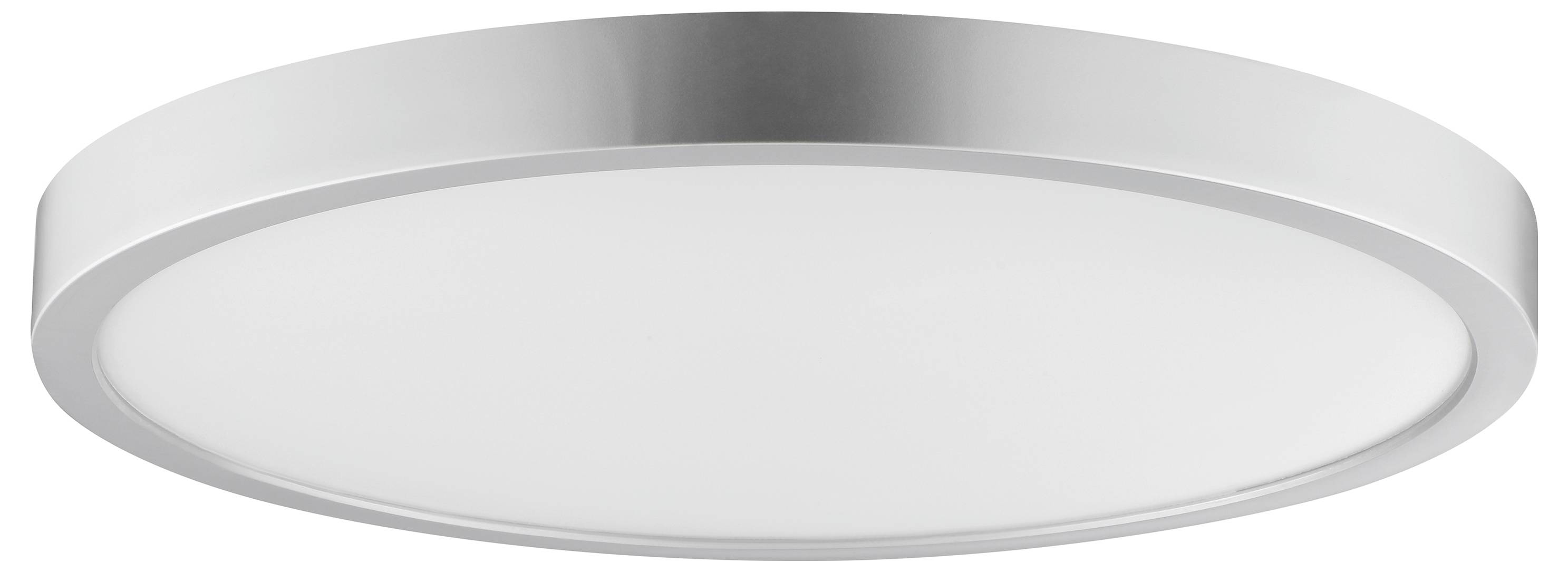 Okrúhle, ploché stropné LED svietidlo s elegantným strieborným lemom, navrhnuté pre moderný interiérový dizajn.