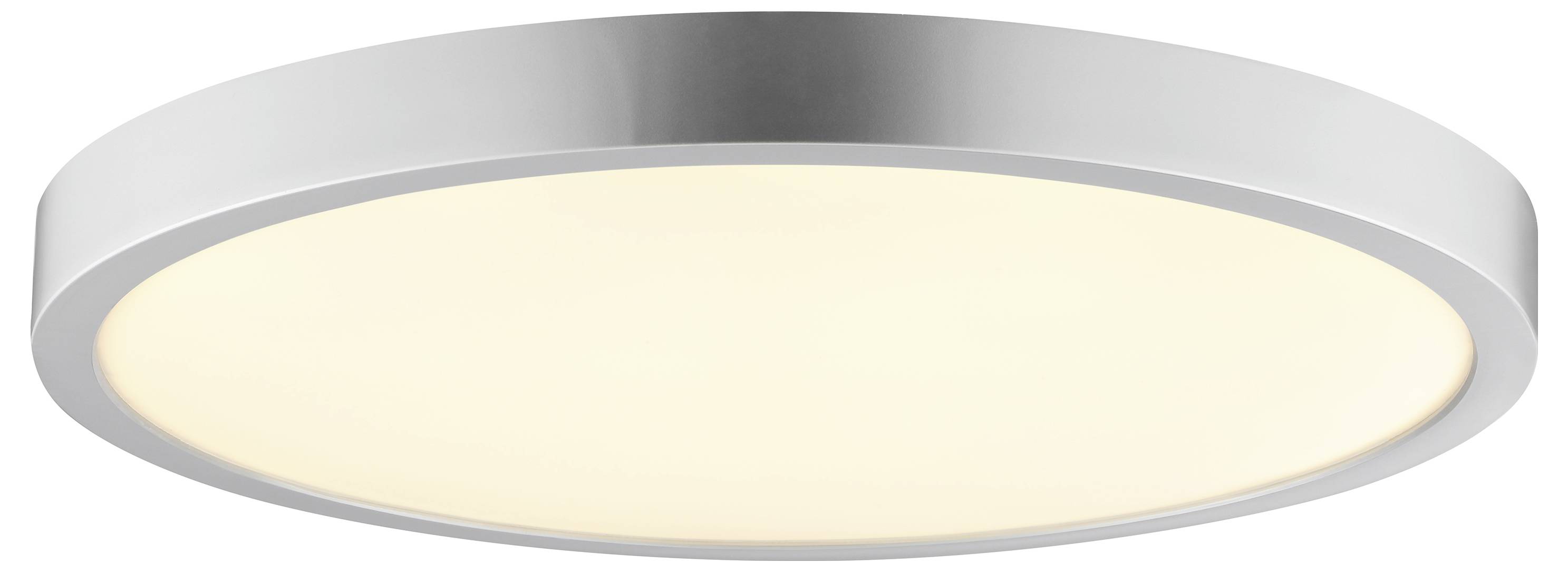 Okrúhle, moderné stropné svietidlo s kovovým lemom a hladkým, teplo bielym difúzorom.