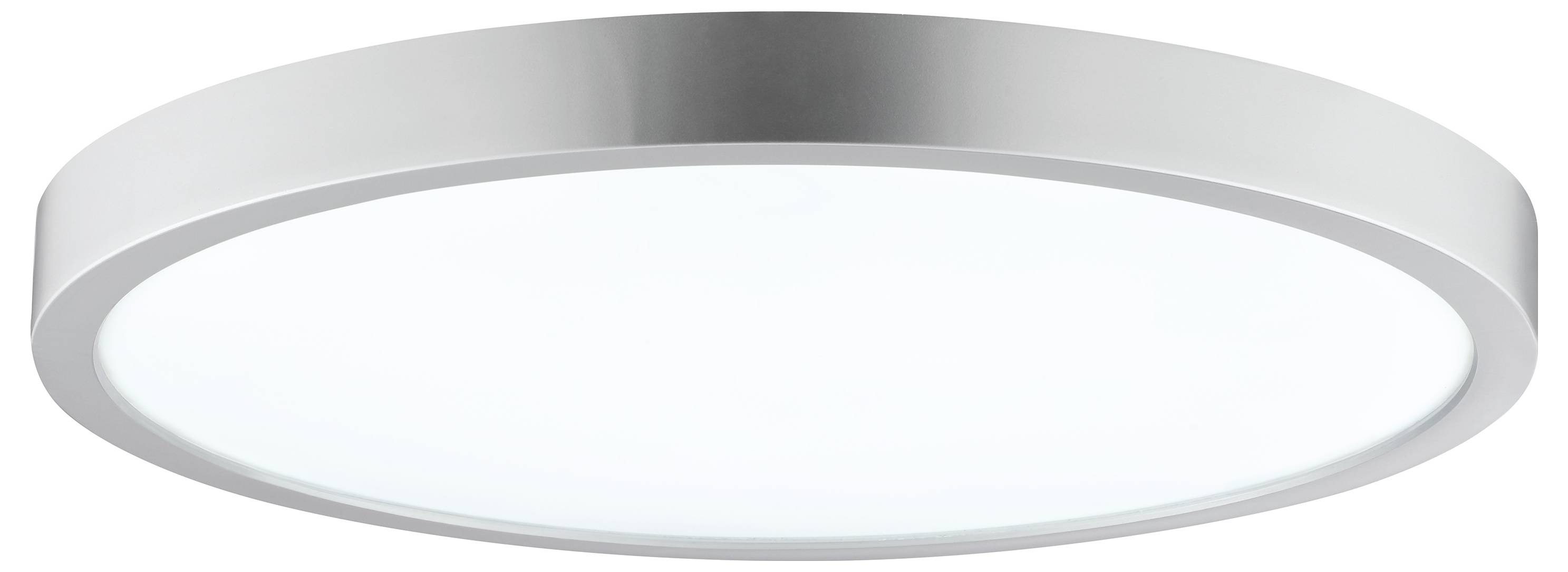 Guľaté, moderné stropné svietidlo s elegantným kovovým okrajom a plochým, matným difúzorom svetla.