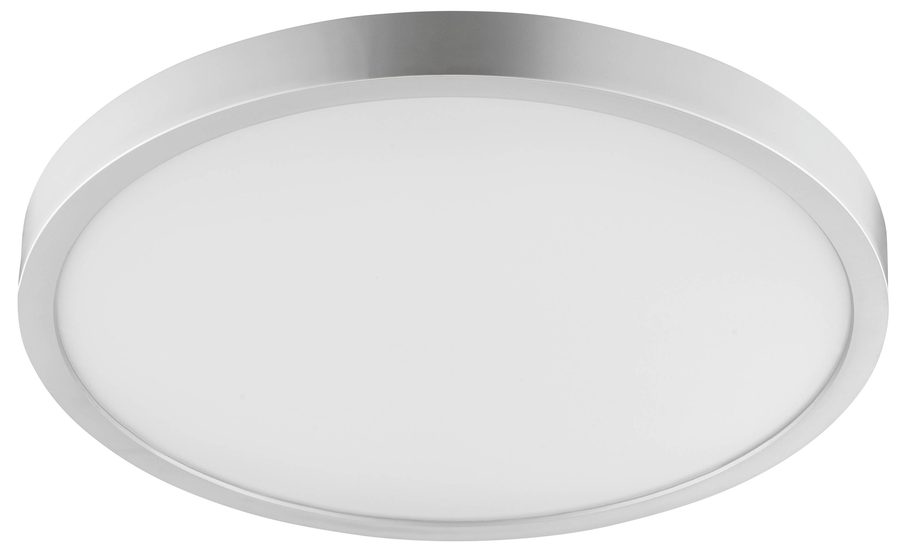 Kruhové LED stropné svietidlo s elegantným strieborným okrajom, navrhnuté pre moderné interiéry, poskytujúce priestorové osvetlenie.