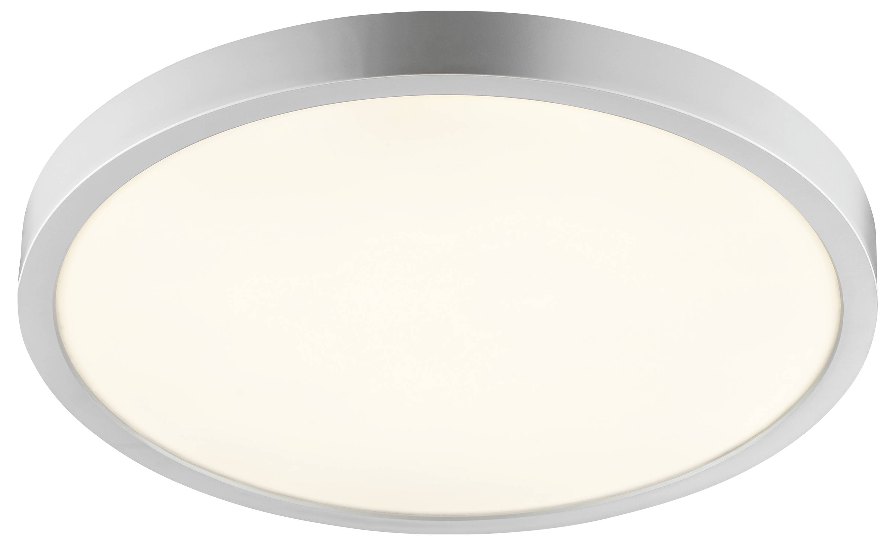 Okrúhle, moderné stropné svietidlo s hladkým, bielym osvetleným povrchom a tenkým kovovým okrajom.