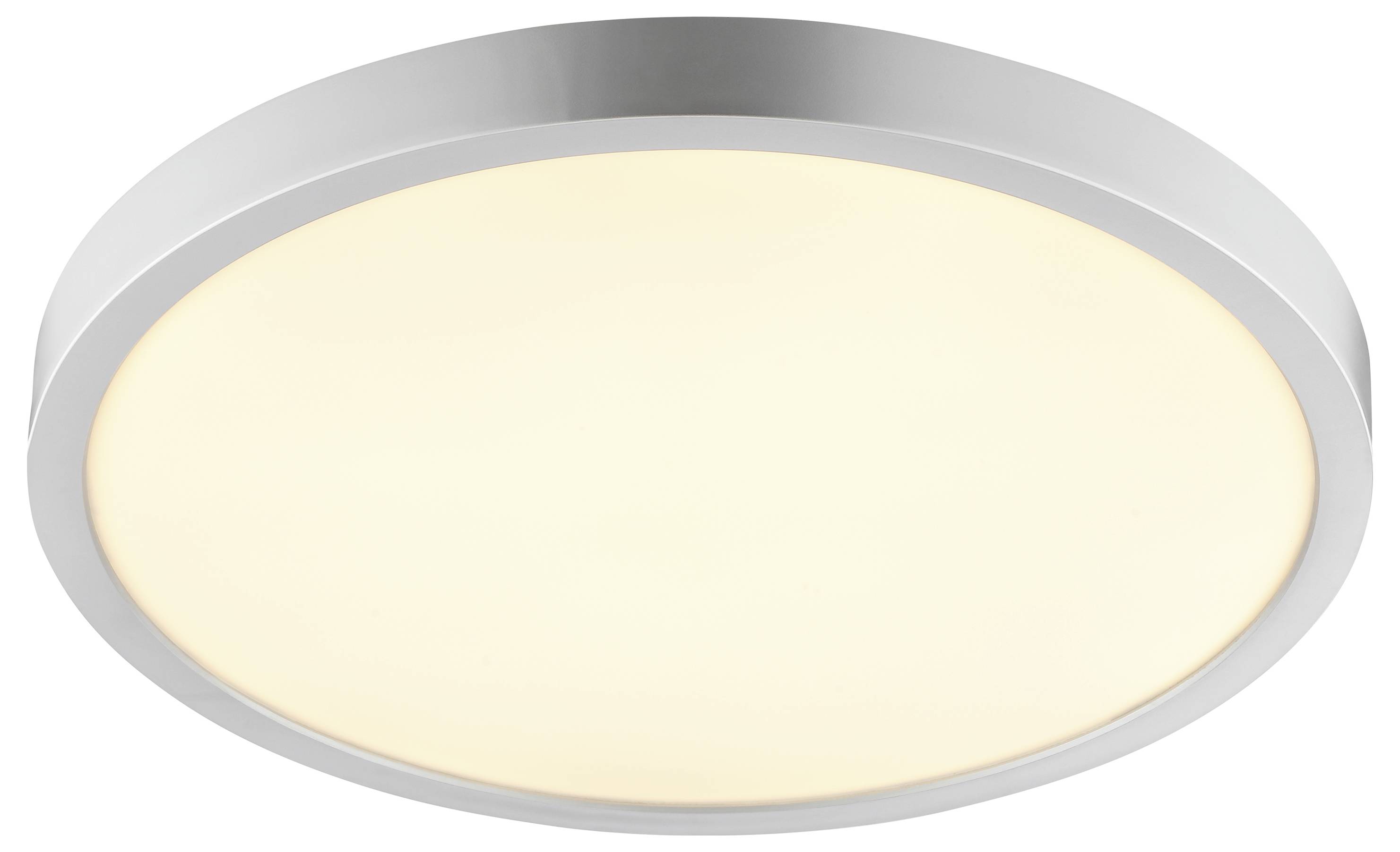 Okrúhle stropné svietidlo so strieborným rámom a teplým bielym svetlom.