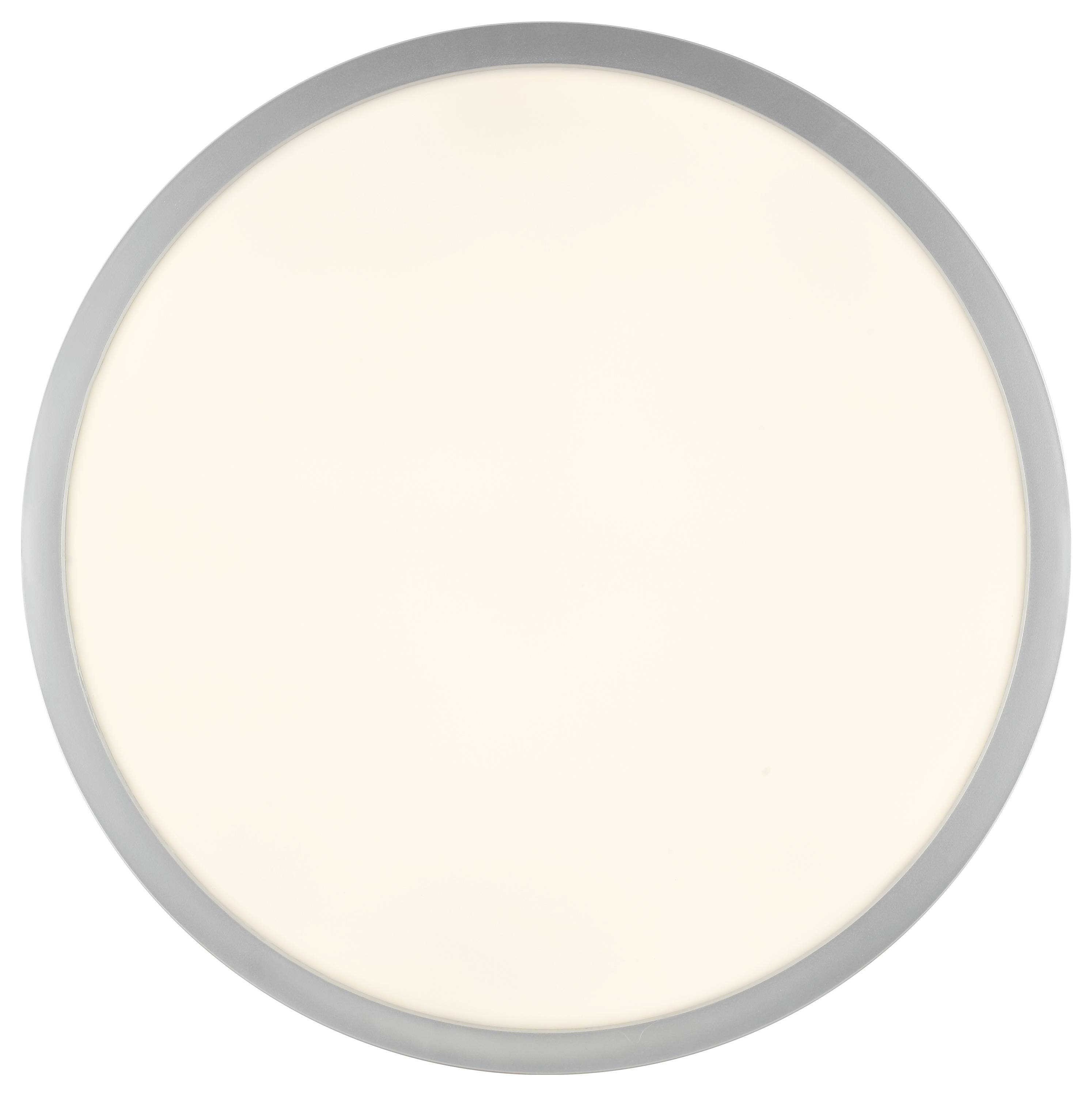 Okrúhle stropné LED svietidlo so strieborným rámom vyžaruje jemné, biele svetlo.