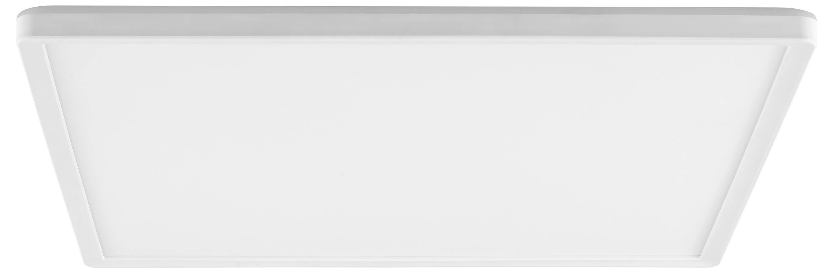Štvorcový biely stropný svetelný panel, rovnomerne osvetlený, ponúkajúci moderný minimalistický dizajn pre ambient osvetlenie v obytných alebo kancelárskych priestoroch.