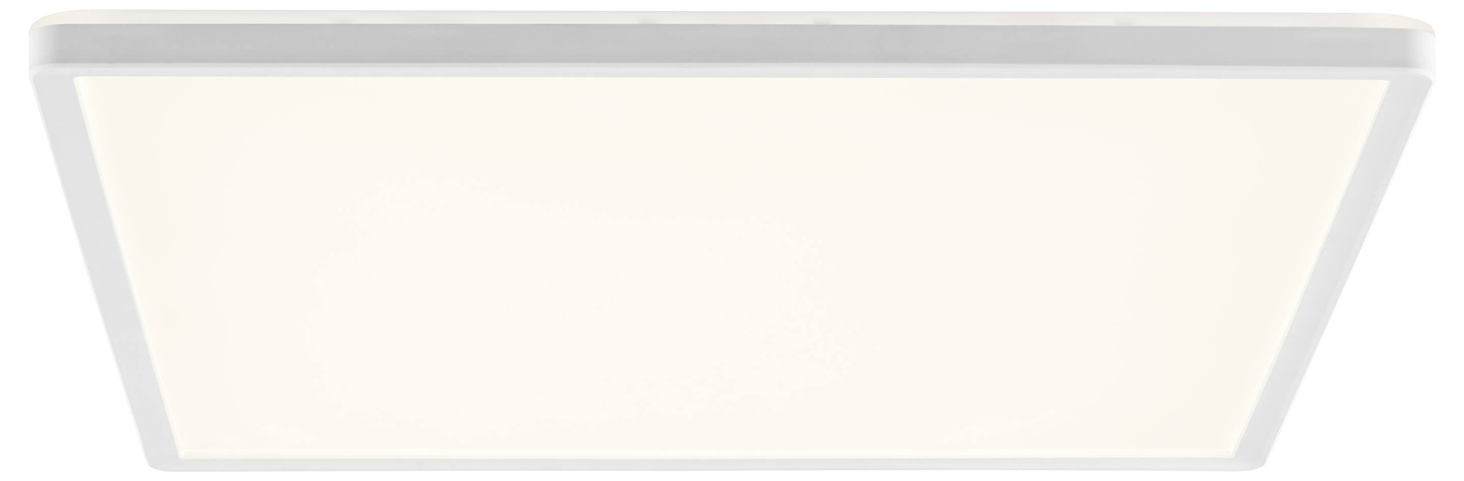 Obdĺžnikové stropné LED svietidlo s bielym rámom vyžaruje jemné, rovnomerné svetlo, vhodné pre moderné interiérové priestory.
