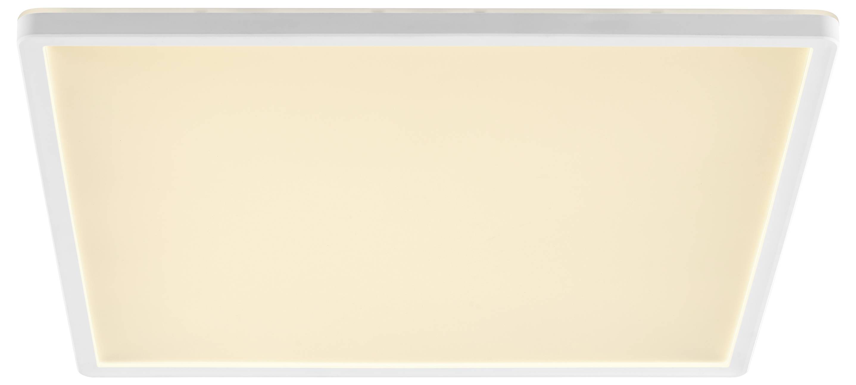 Štvorcové stropné svetlo vyžarujúce teplé, rozptýlené svetlo, lemované úzkou bielou hranou.