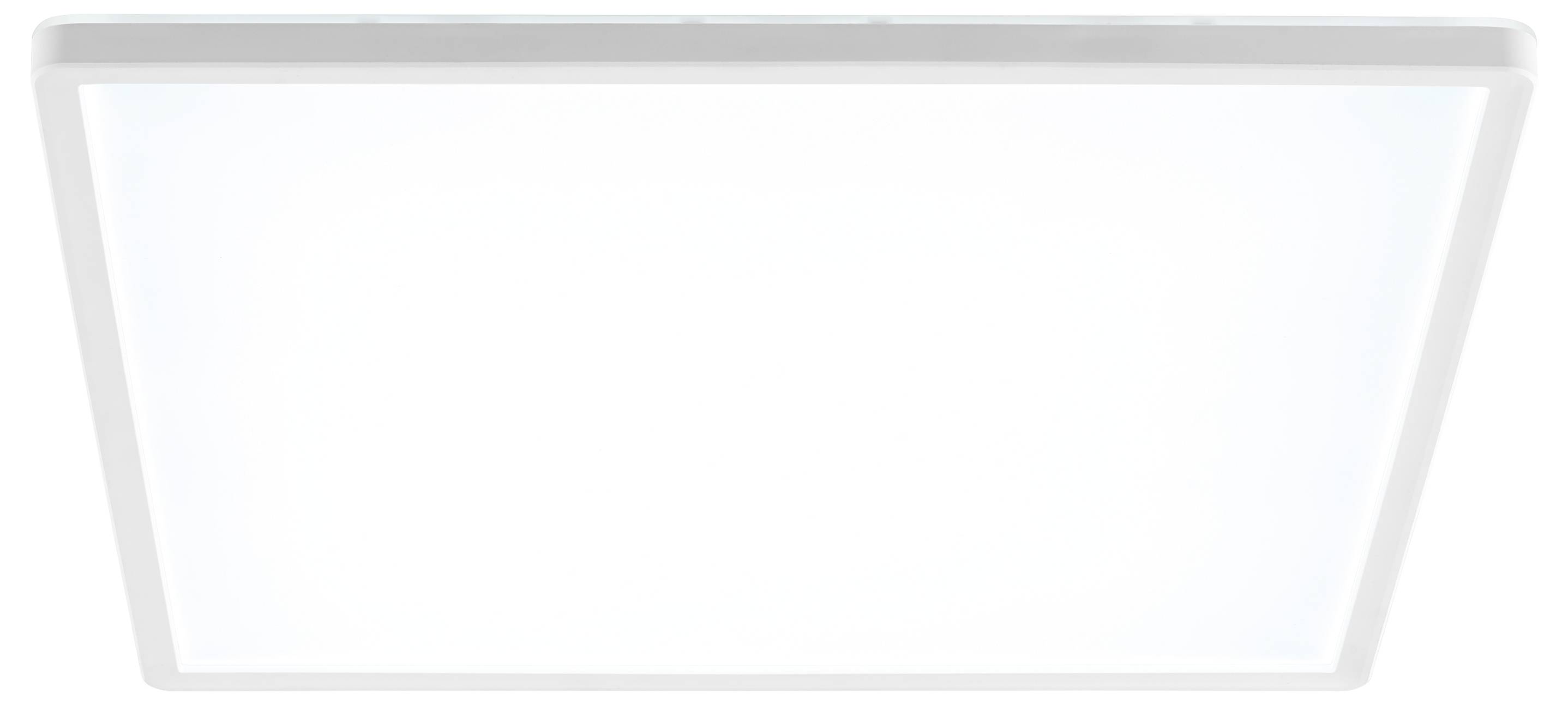 Biely obdĺžnikový LED stropný svetelný panel, rozsvietený a pohľad priamo zdola.