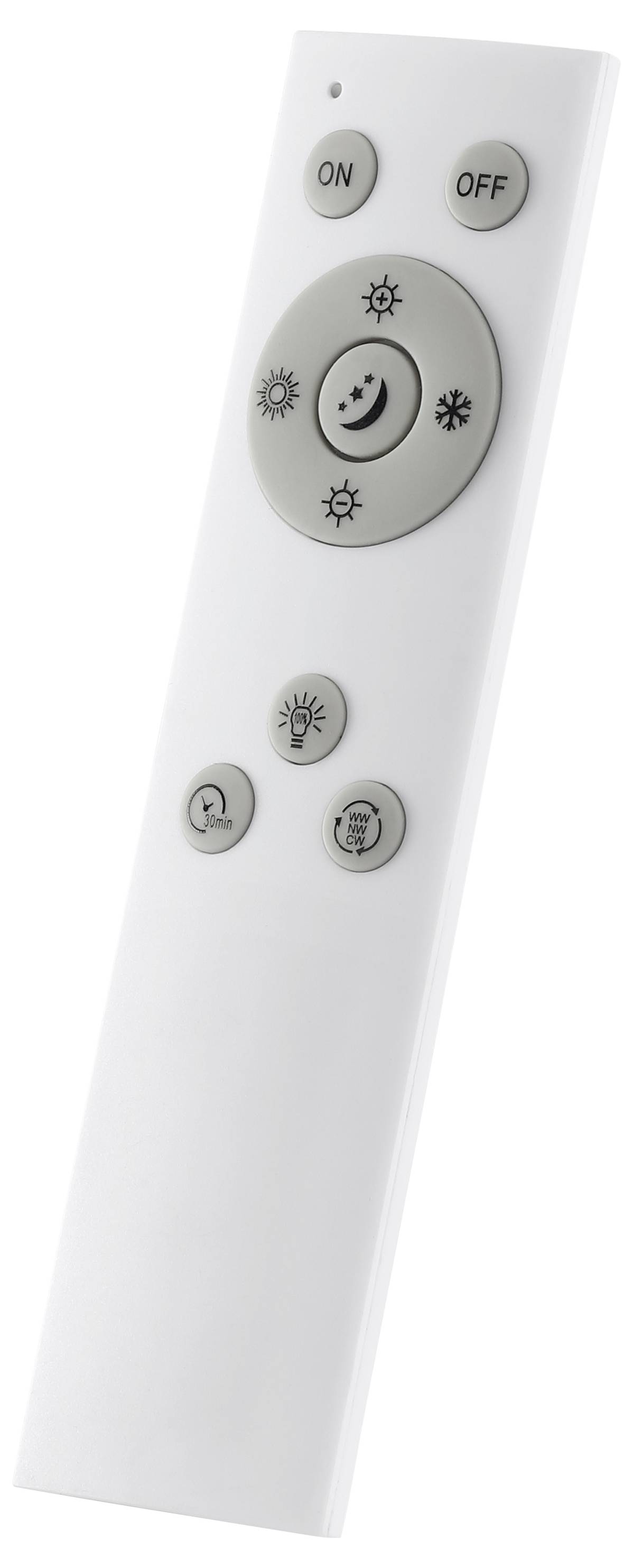 Diaľkový ovládač s tlačidlami pre zapnutie/vypnutie, jas a svetelné módy vrátane symbolu 'mesiaca' pre nočný režim.
