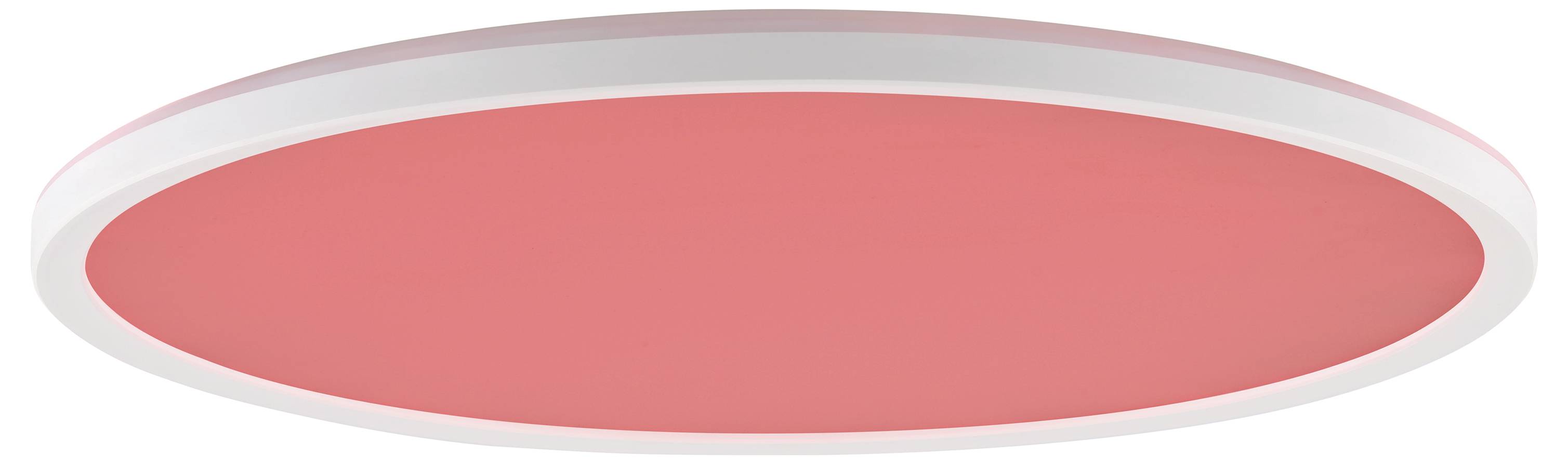 Okrúhle stropné svetlo s ružovým, osvetleným povrchom a bielym okrajom.