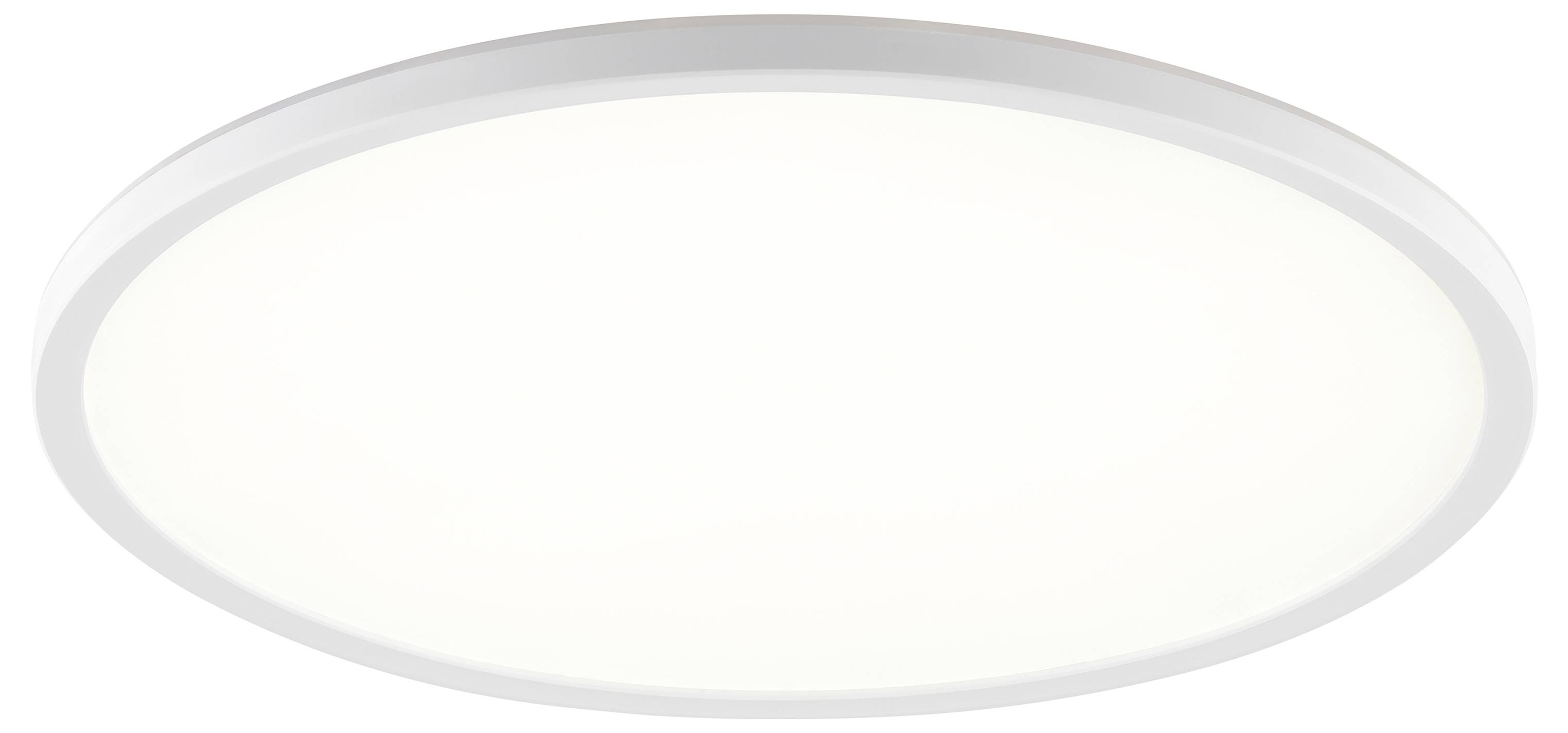 Okrúhle biele stropné svietidlo, vyžarujúce mäkké, rovnomerné svetlo, umiestnené oproti jednoduchému pozadiu.