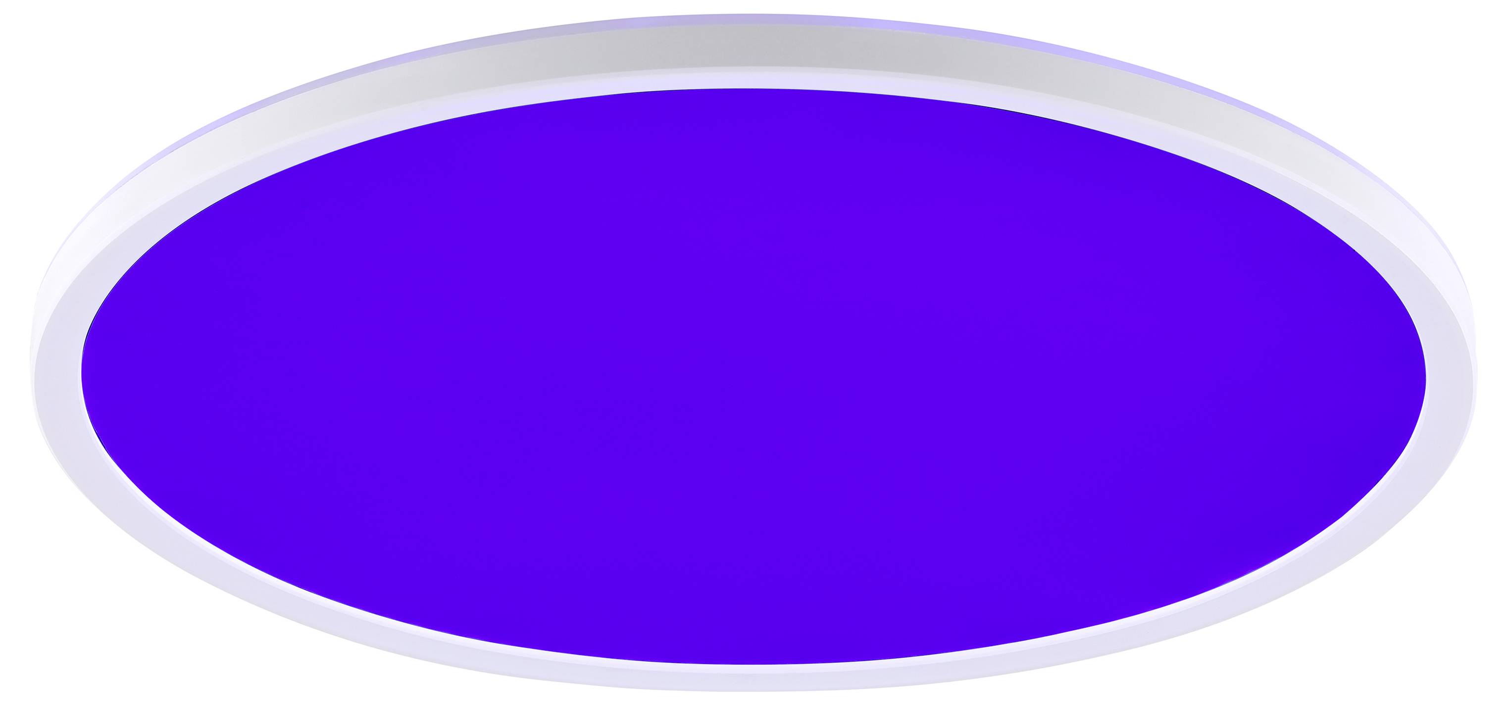 Kruhové stropné svetlo s jasne modrim panelom osvetľuje priestor.