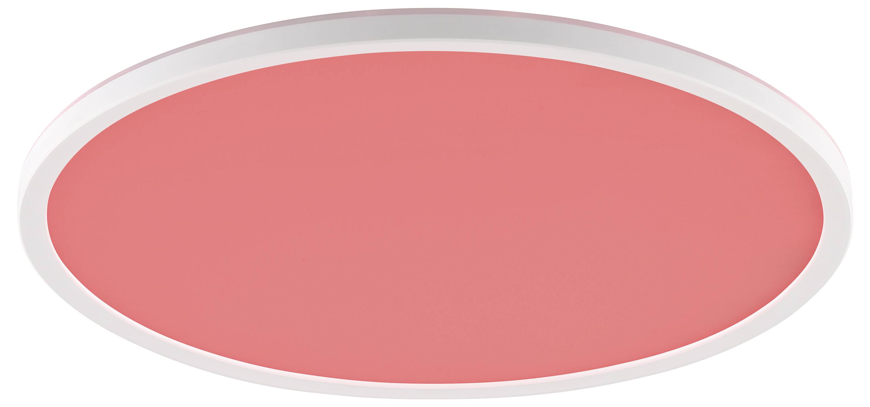 Kruhové stropné svetlo so stredovou červenou časťou a bielym okrajom je rozsvietené.