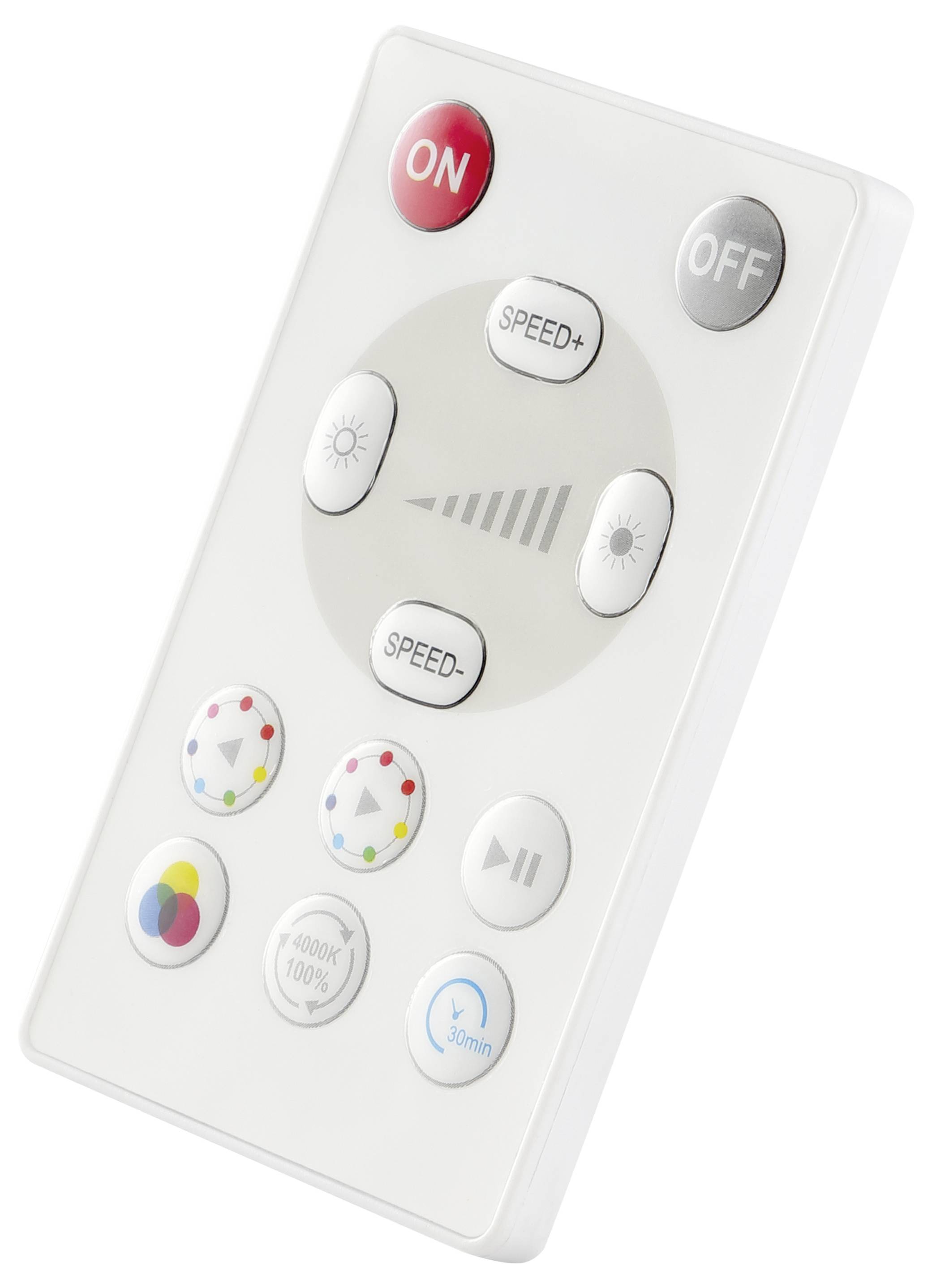 Biely diaľkový ovládač s tlačidlami 'ZAP', 'VYP', 'RÝCHLOSŤ+', 'RÝCHLOSŤ-' a možnosťami nastavenia farieb vrátane úrovní jasu.