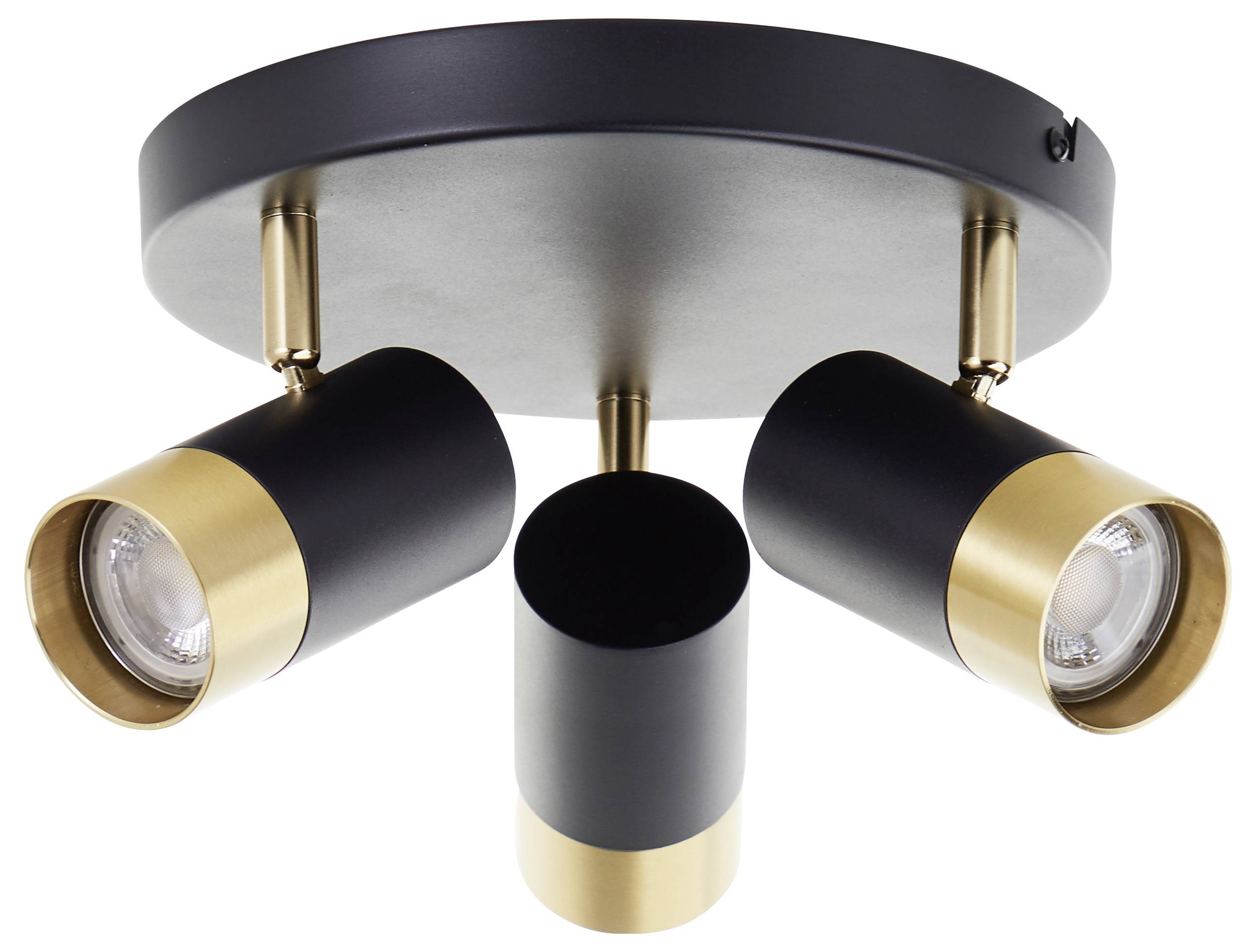 Moderné stropné svetlo v čierno-zlatom prevedení s tromi nastaviteľnými bodovými svetlami, určené pre vnútorné použitie.