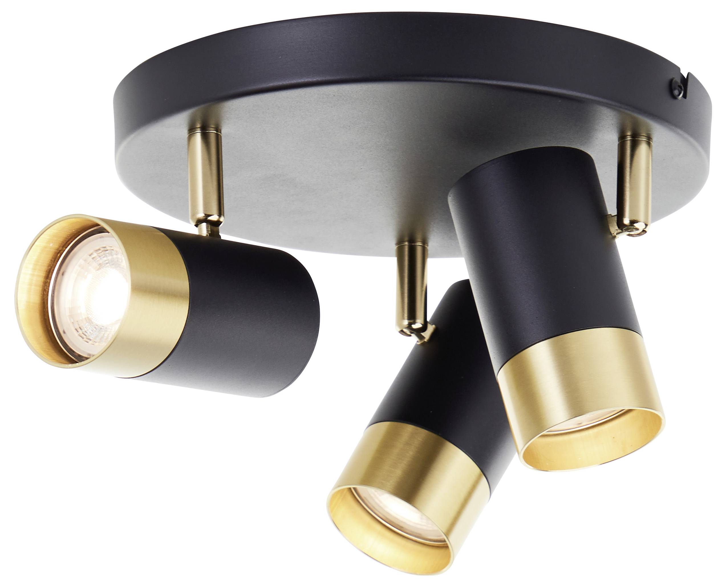 Moderné stropné svietidlo so trzmi nastaviteľnými čierno-zlatými bodovými svetlami, namontované na okrúhlej čiernej základni.