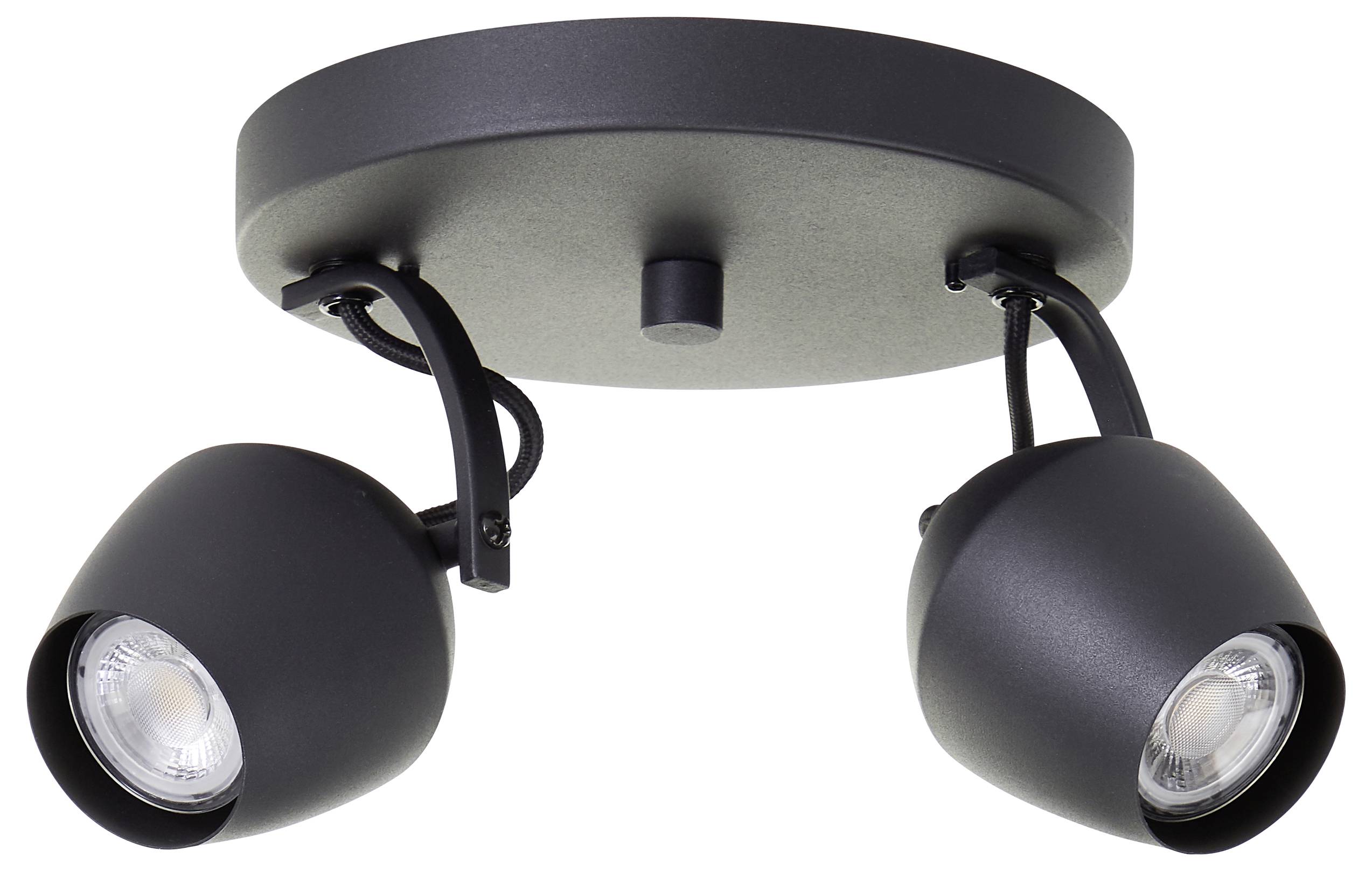 Čierne stropné svietidlo so dvomi svetlami a nastaviteľnými bodovými reflektormi, určené pre interiérové priestory.