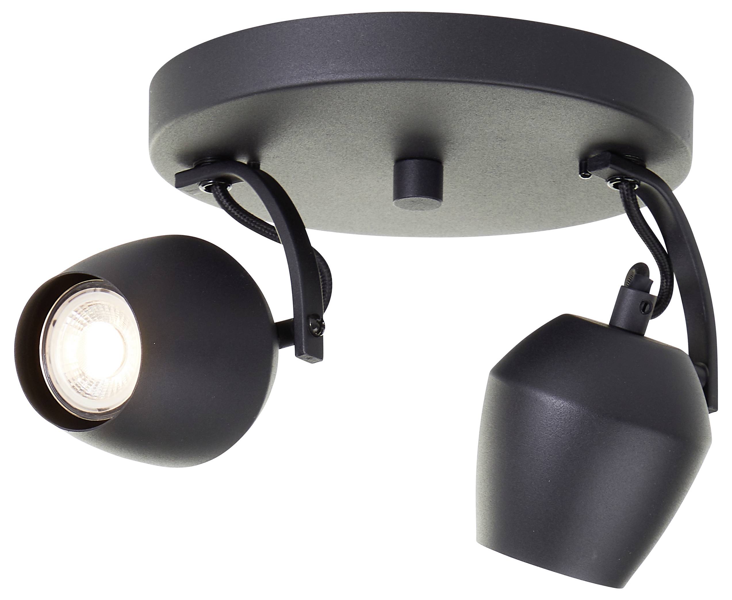 Čierne stropné svietidlo s dvomi nastaviteľnými bodovými svetlami, jeden zdroj svetla je zapnutý, navrhnutý pre cielené osvetlenie v moderných interiéroch.