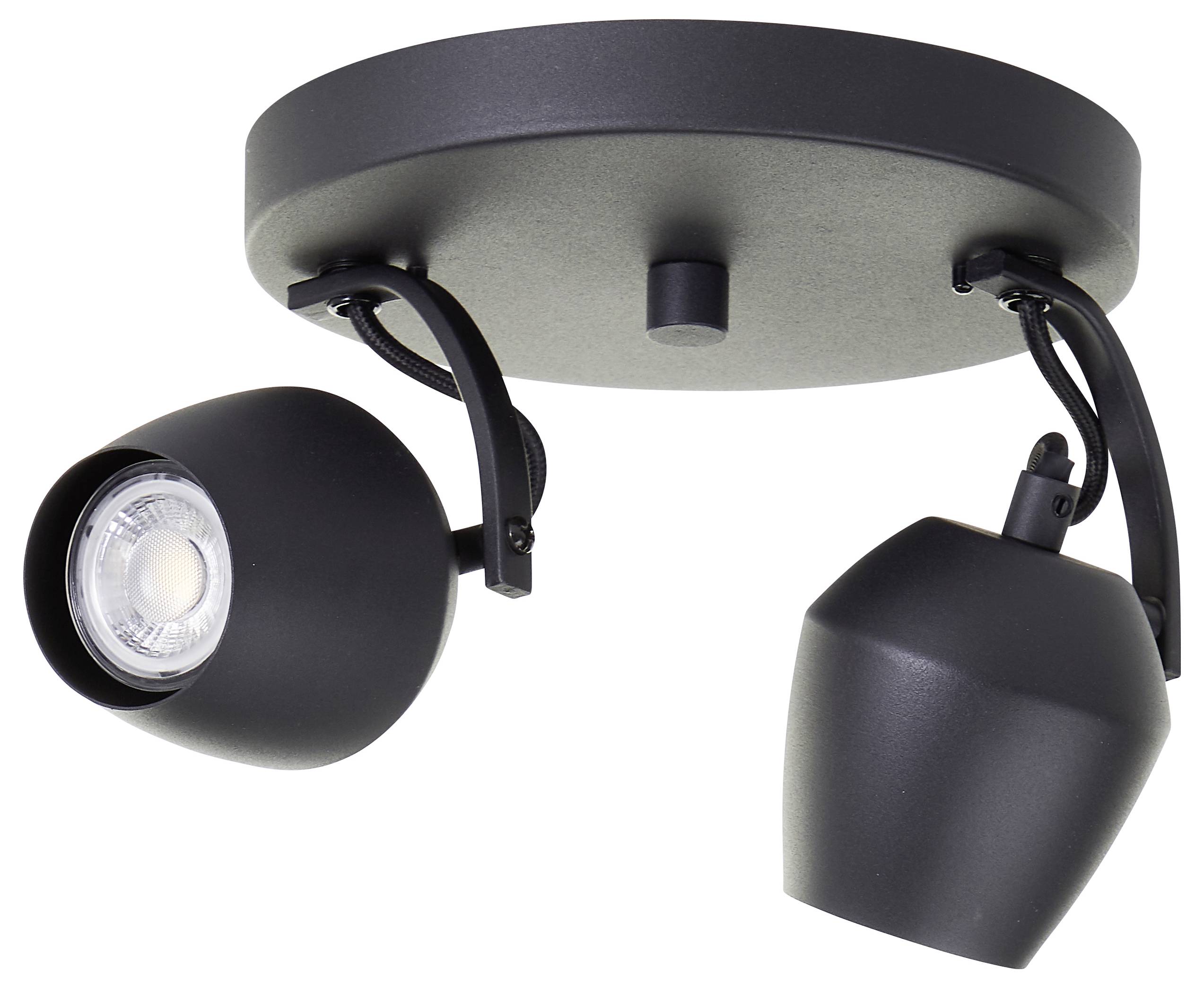 Čierne, okrúhle, nastaviteľné stropné bodové svetlo s dvoma hlavicami.