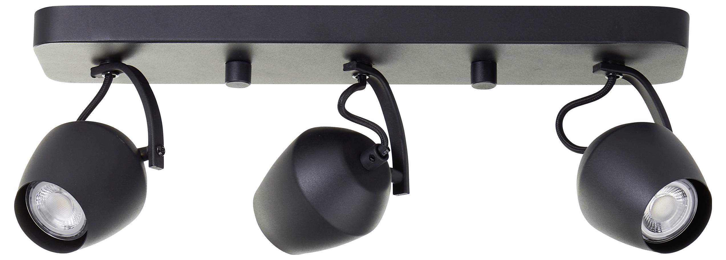 Tri čierne stropné bodové svetlá upevnené na obdĺžnikovej čiernej základni, pričom každá svetelná hlava je nastaviteľná pre cielenú svetelnú projekciu.