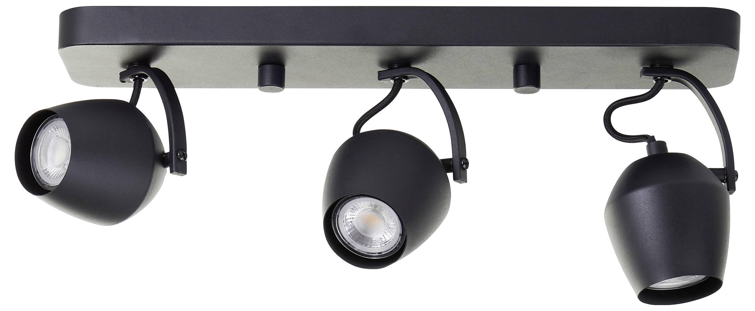Trojsvetlový čierny stropný koľajnicový reflektor s nastaviteľnými bodovými svetlami, navrhnutý pre smerové osvetlenie v moderných interiéroch.