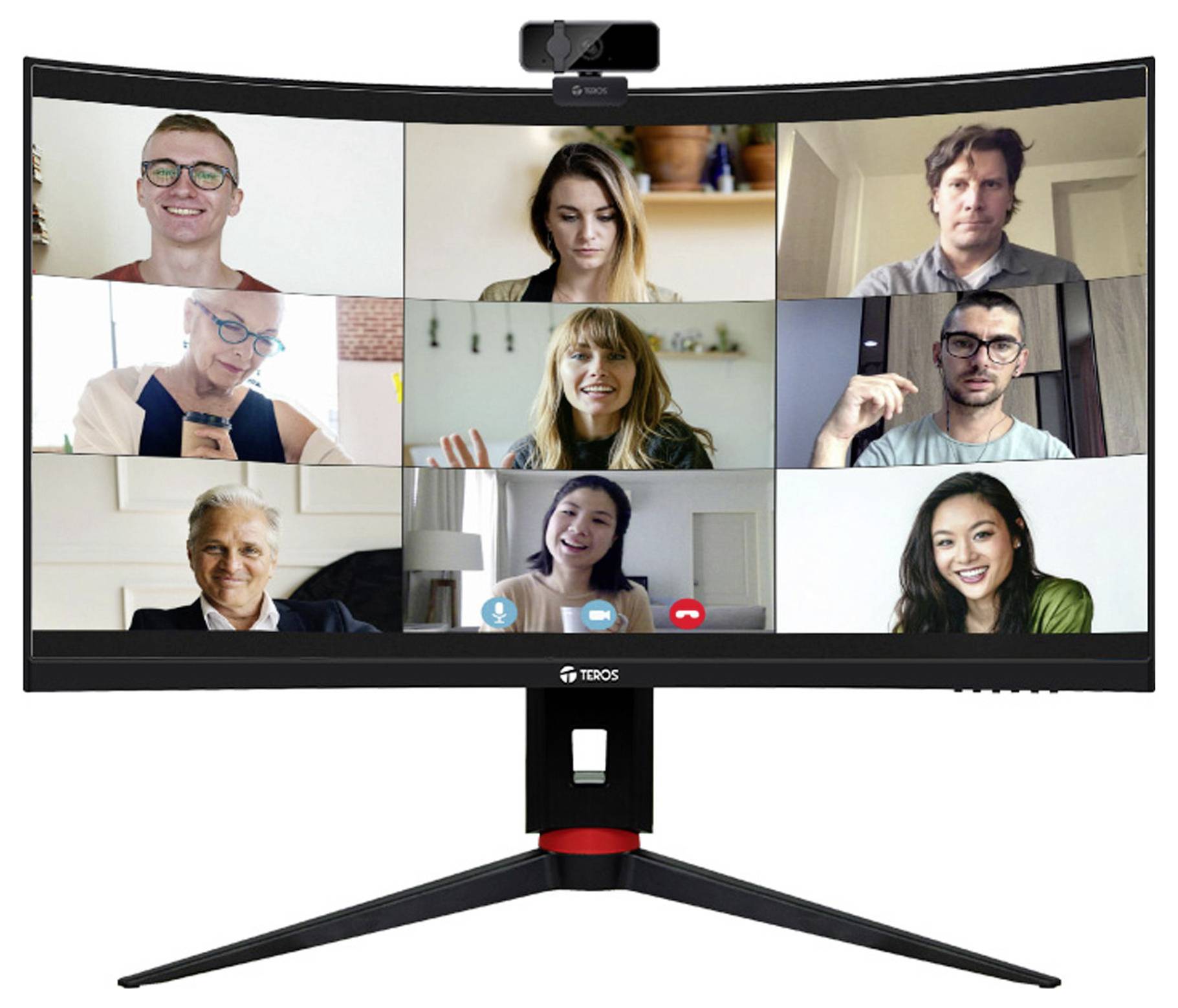 Monitor s širokouhlym obrazovkou zobrazuje videokonferenciu s deviatimi účastníkmi na linke, z ktorých je každý v samostatnej sekcii mriežky, niektorí sa usmievajú a aktívne sa zapájajú.